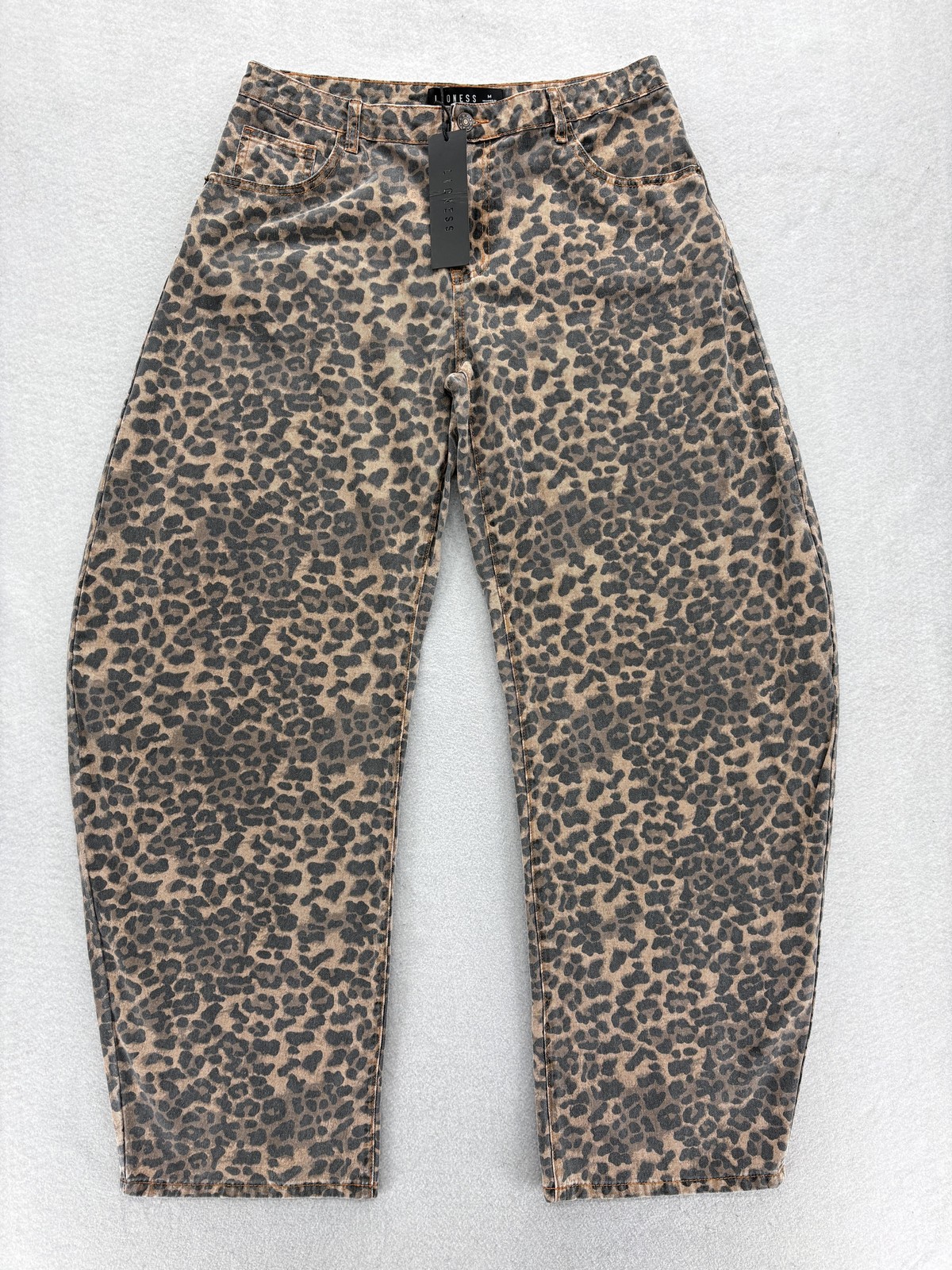 Lioness Horseshoe Jeans Womens M Brown Leopard High Rise Wide Leg Barrel Pants