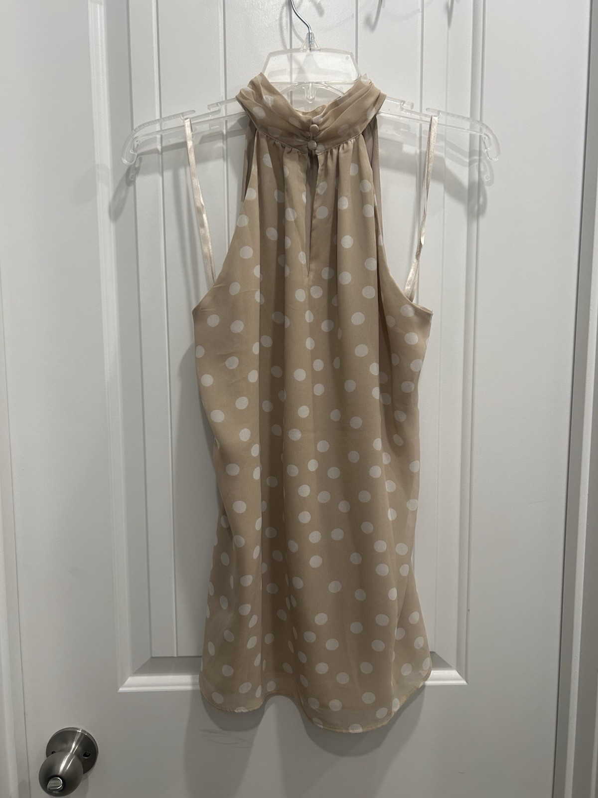 White House Black Market Polka Dot Blouse Beige/White High Neck Sleeveless S