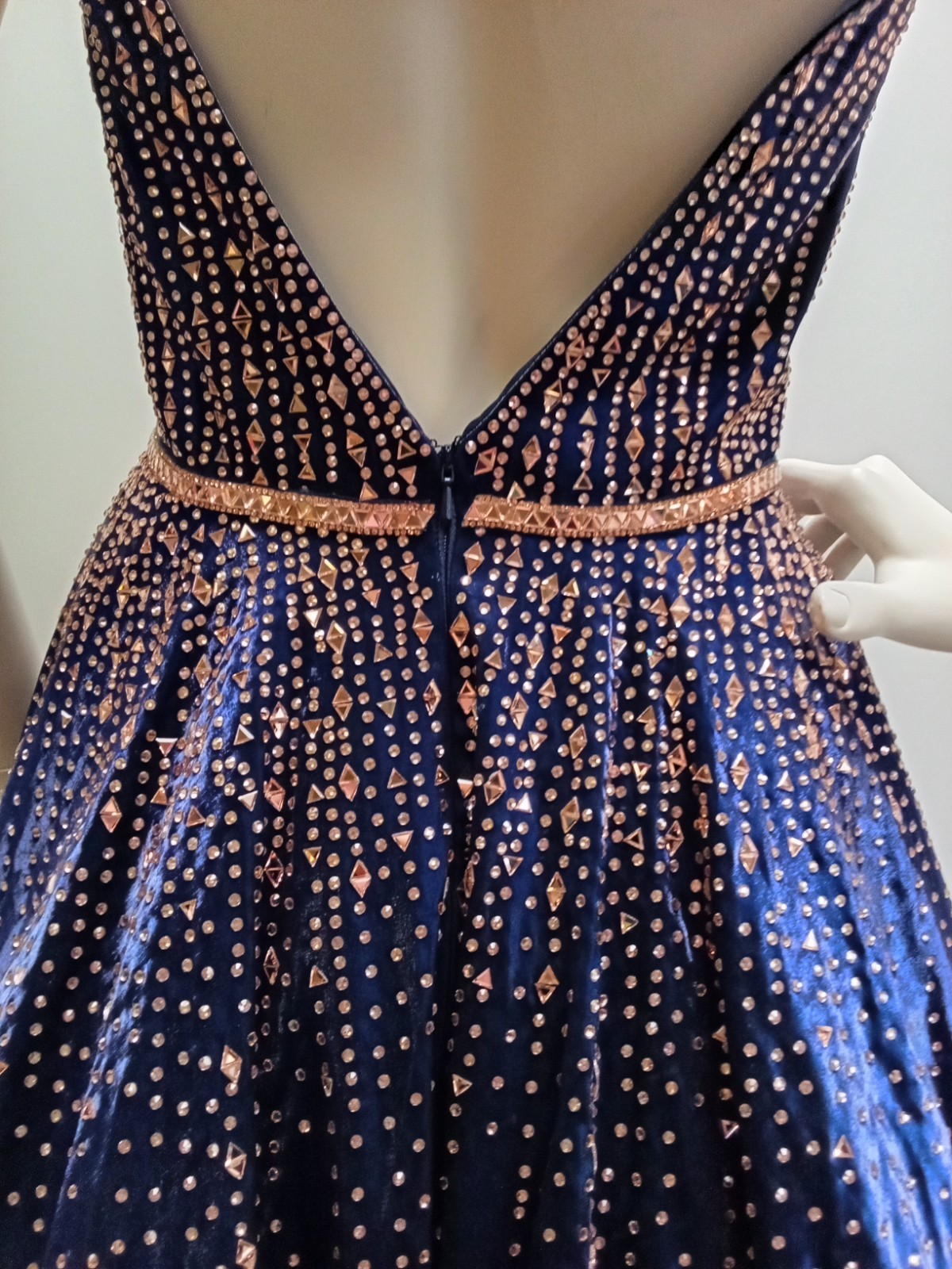 Navy Silk Ball Gown with Gold Bead Design