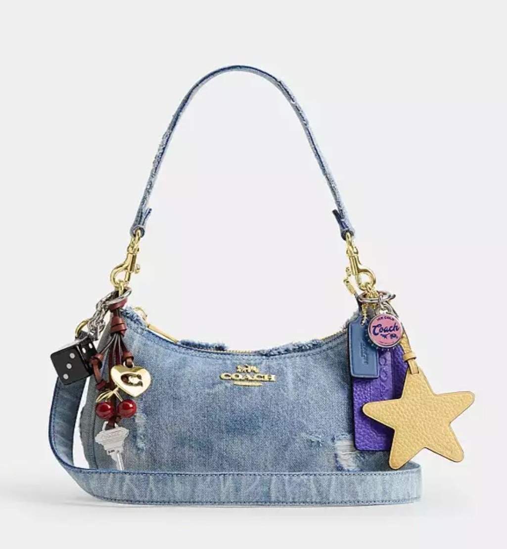 NWT Coach Teri Shoulder Bag in Loved Denim with Bonus Charms Light Indigo CDY76