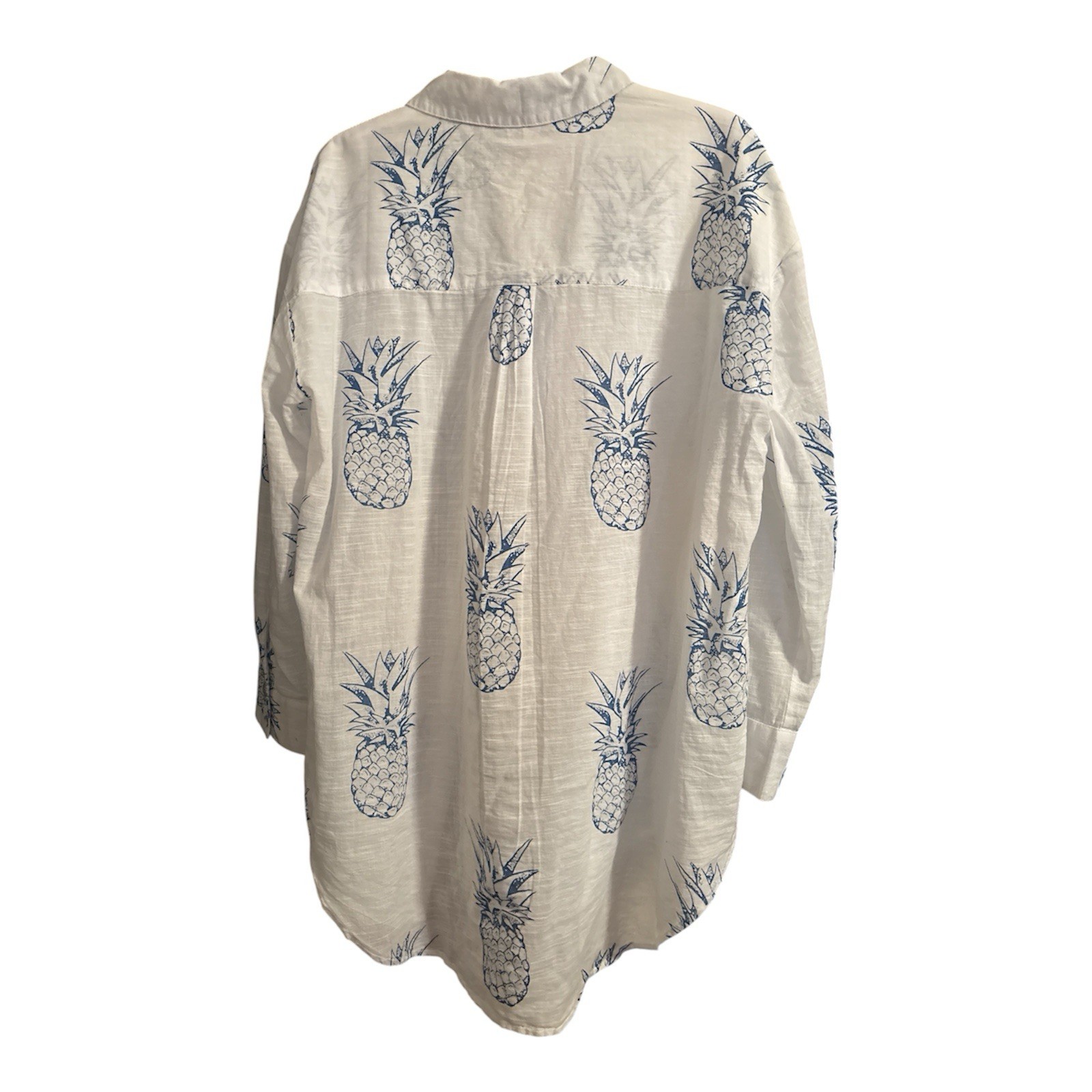 Blue Island Cotton Pineapple Beach Coverup Button Up Womens L White Blue Coastal
