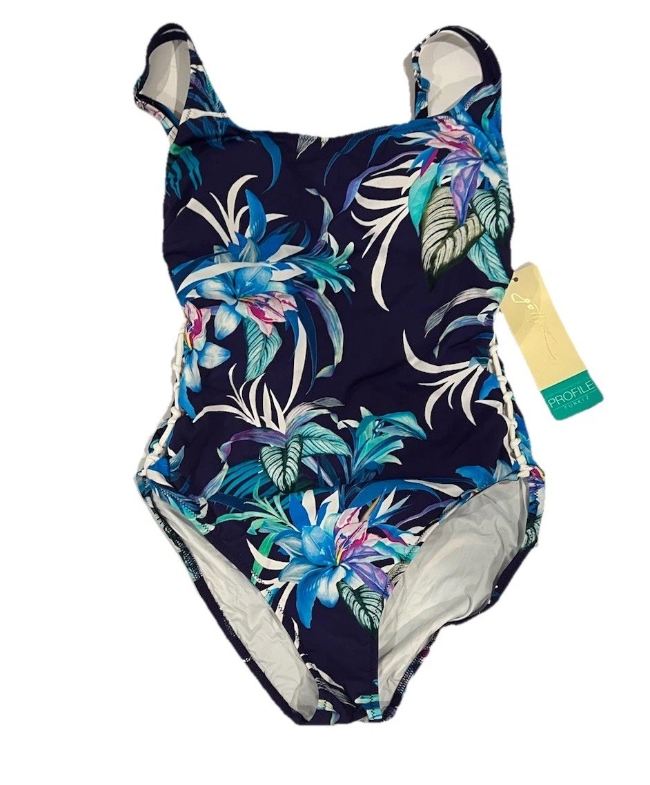 NWT *Defect Stain* Profile By Gottex Size 10 Blue Floral Side Lace-Up Swimsuit