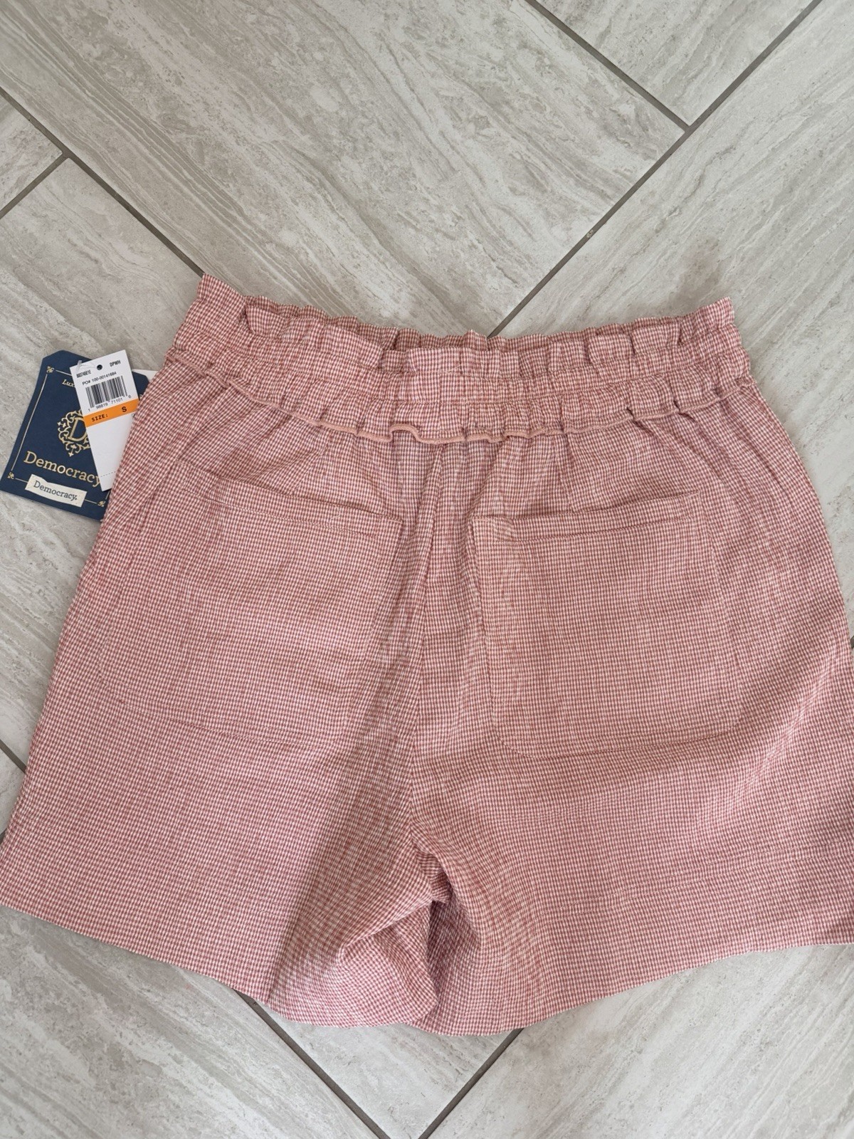 Democracy Gingham Seersucker Pull-On Shorts Elastic Waist Pockets S Pink/White