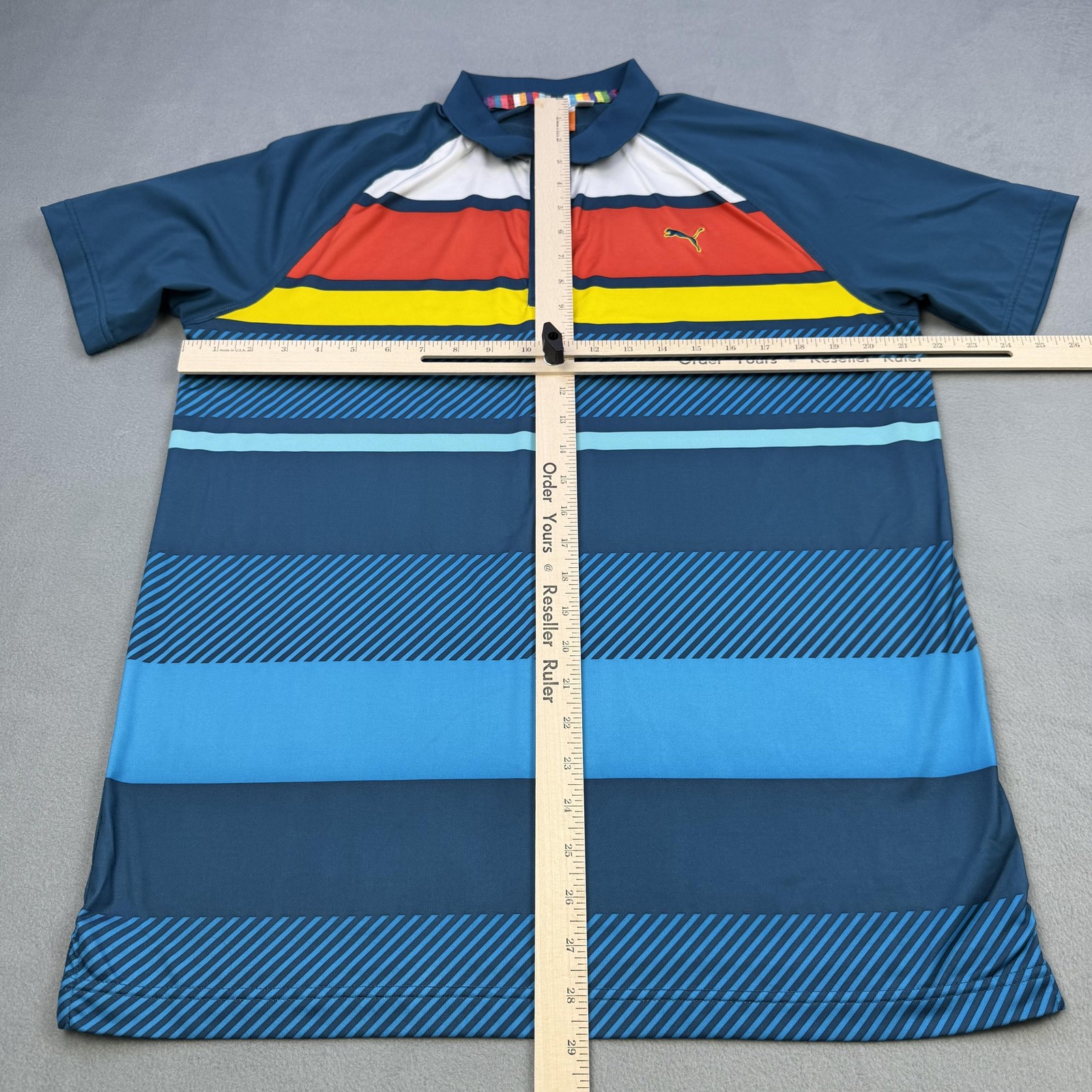 Puma Polo Shirt Mens Medium Blue Multicolor Stripe Golf USP DRY Stretch Top