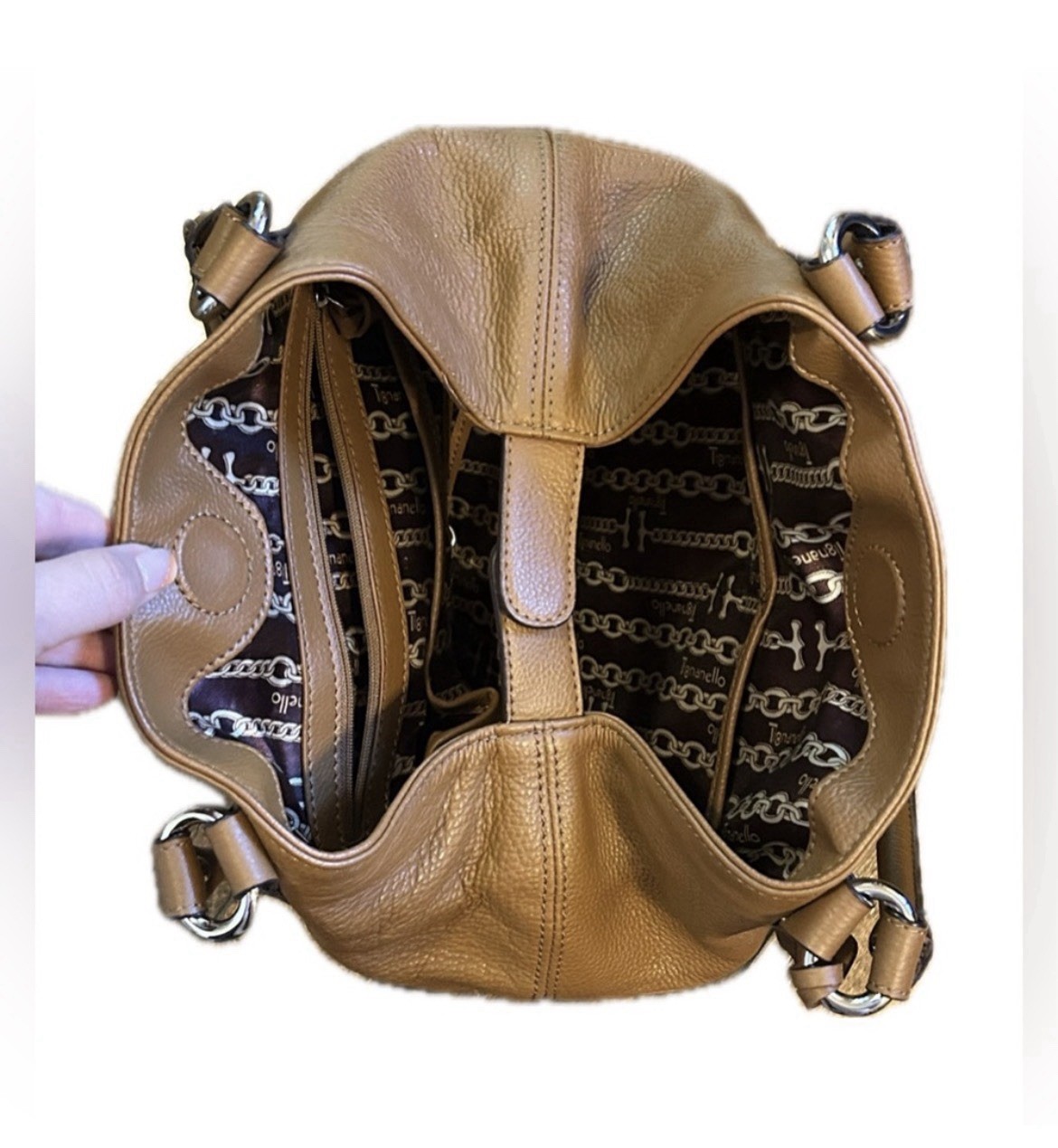 Tignanello Brown Pebbled Shoulder Bag Medium Zip Double Handles Pockets Lined