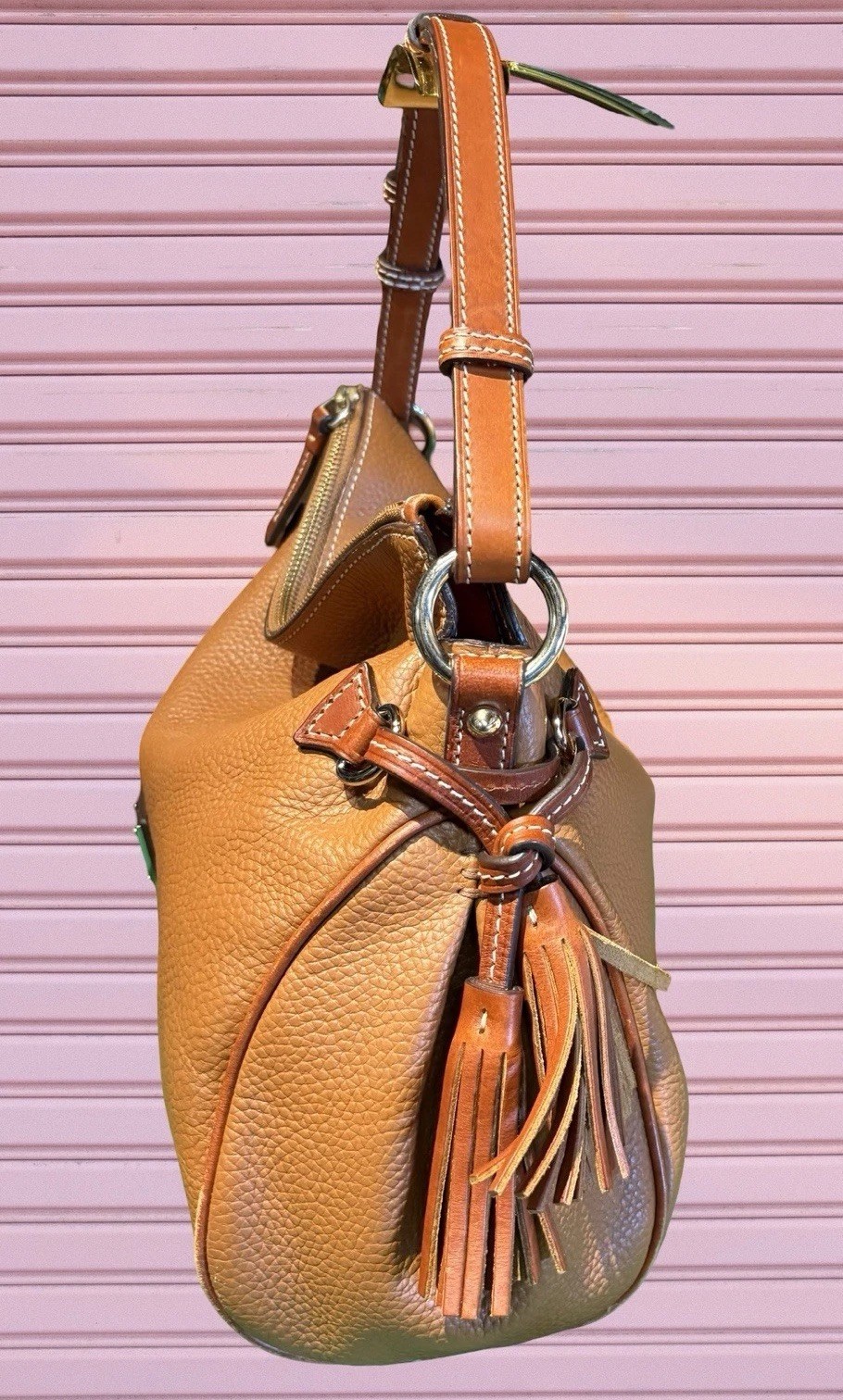 Dooney Bourke Caramel Brown Hobo Zip Shoulder Bag Pebbled Leather