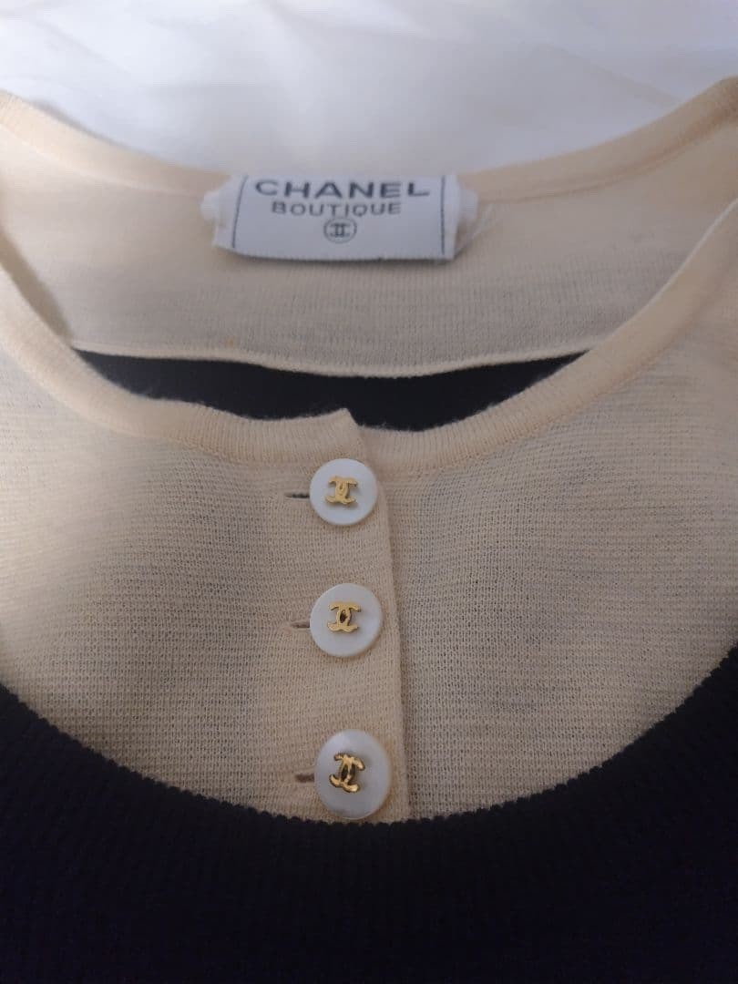 CHANEL BOUTIQUE Bicolor Knit Dress Coco Mark Black Beige Size 44 Authentic