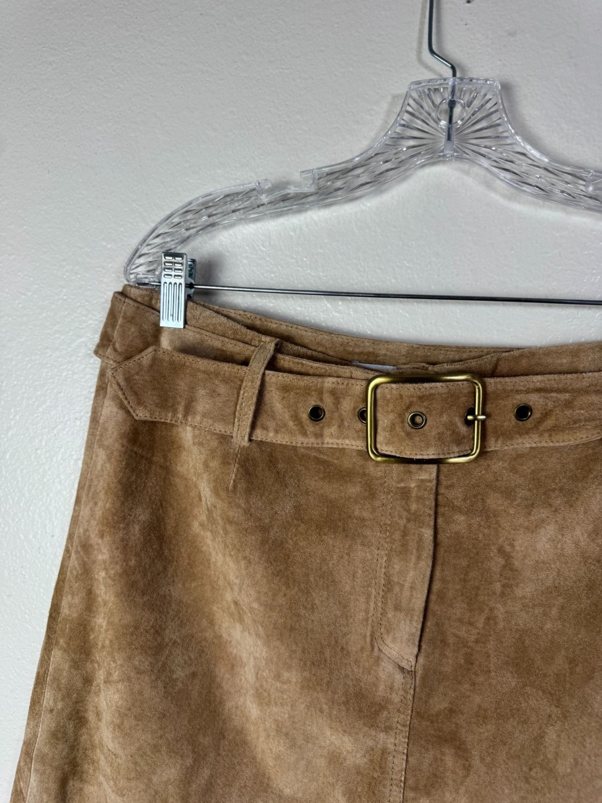 Newport News Women Tan Suede Leather Midi Maxi Skirt Waist Size 14 Belted Buckle