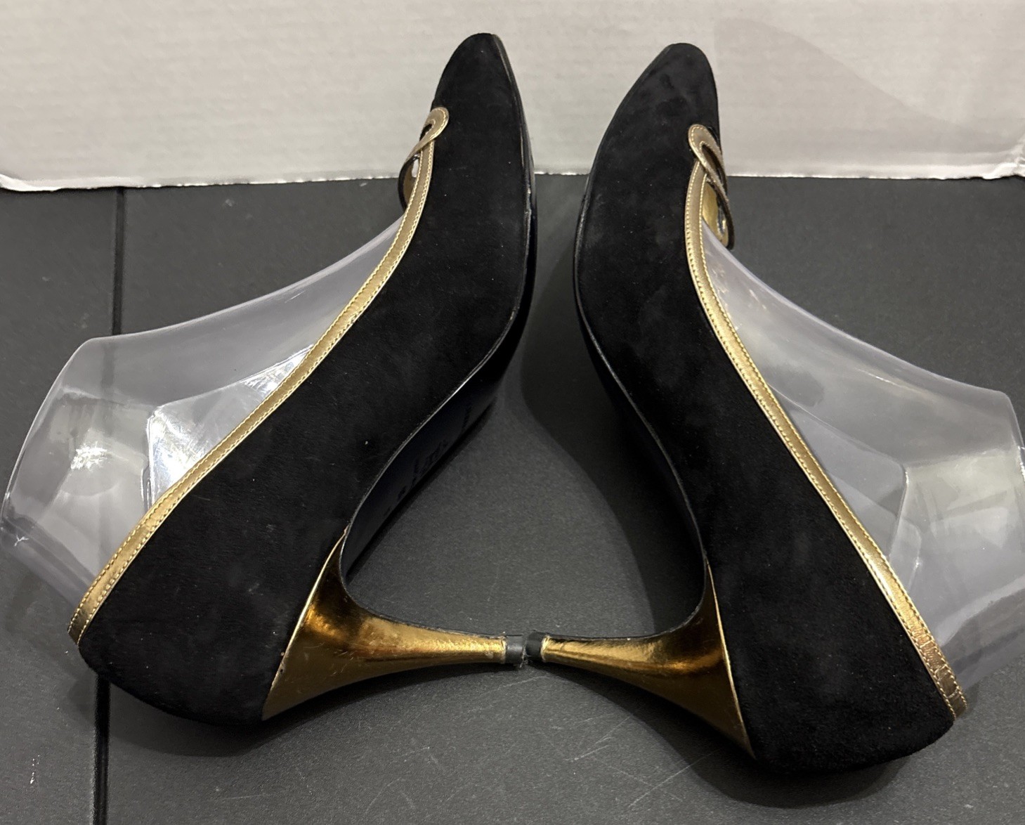 CLAUDIA CIUTI Black Suede & Gold Pointed Toe Heels Pumps Size 9.5 M