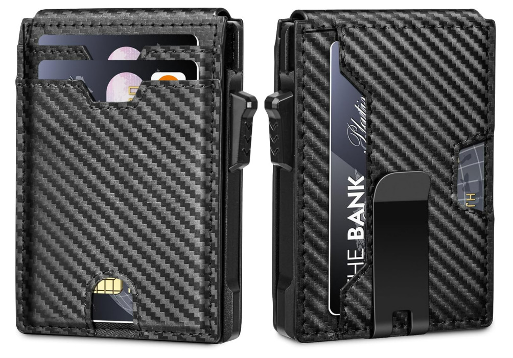 Men’s Slim PopUp Bifold Carbon Fiber Wallet, RFID Blocking, Money Clip, Men Gift