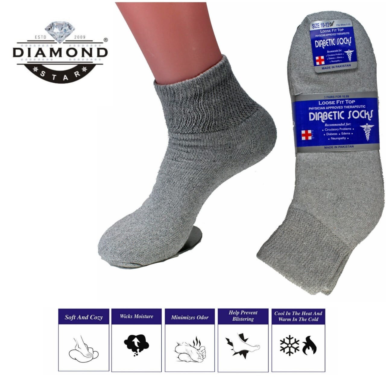 12 Pairs Men’s Diabetic Ankle Quarter Socks Health Circulatory Cotton Size 10-13