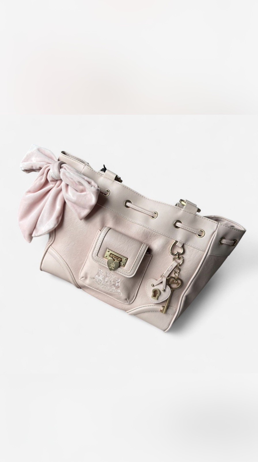 Juicy Couture Baby Pink Large Tote Drawstring Bow Heart Key Charm Gold Hardware
