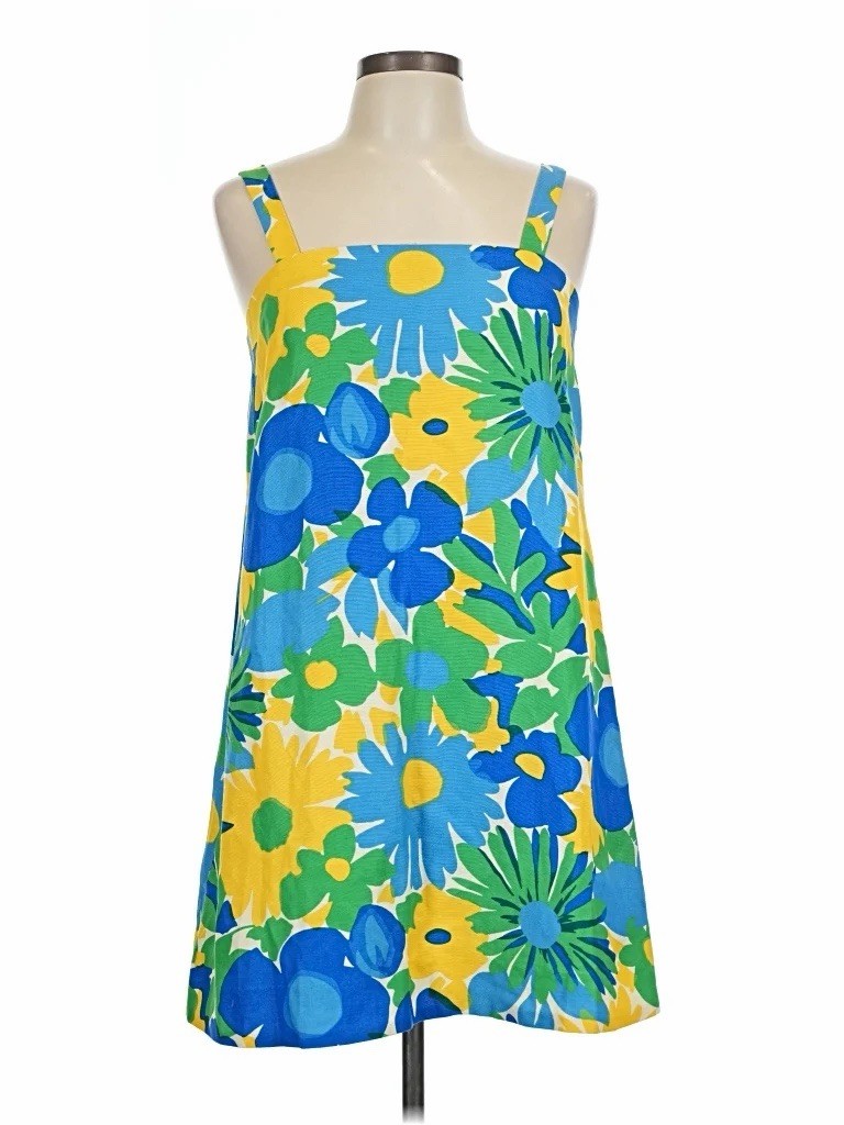 J Crew Linen Mini Floral Dress Blue, Yellow, Green Spaghetti Strap Size 4