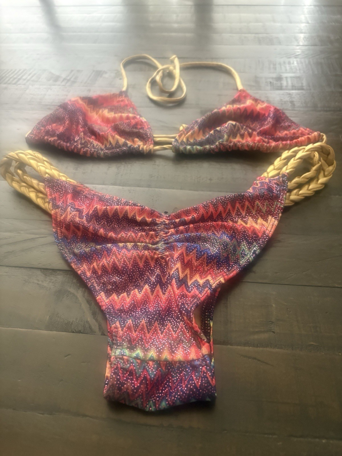 Ravish Sands Swimwear Bikini Set Medium Tribal Aztec Print Gold Braided Sides