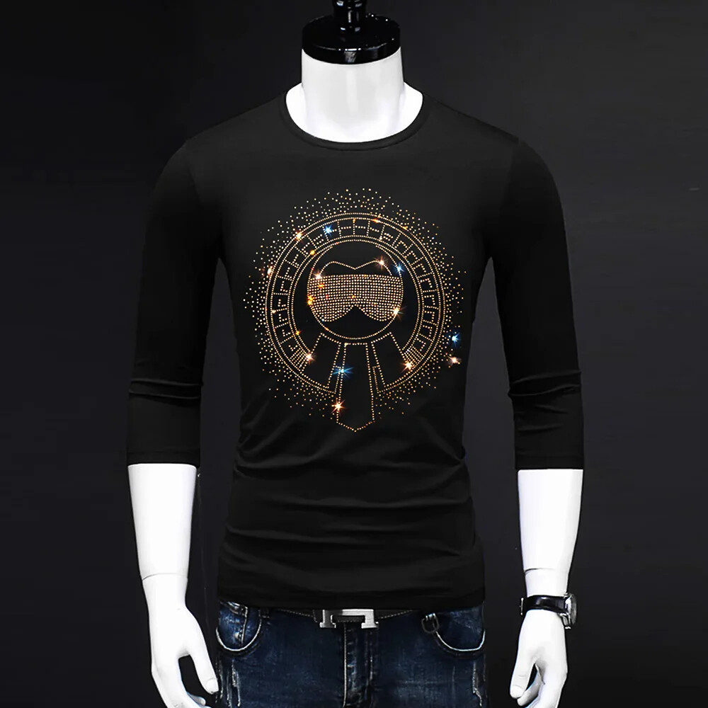 Fashion Trend Character Rhinestone Long Sleeve Luxury Men V-Neck T-Shirt