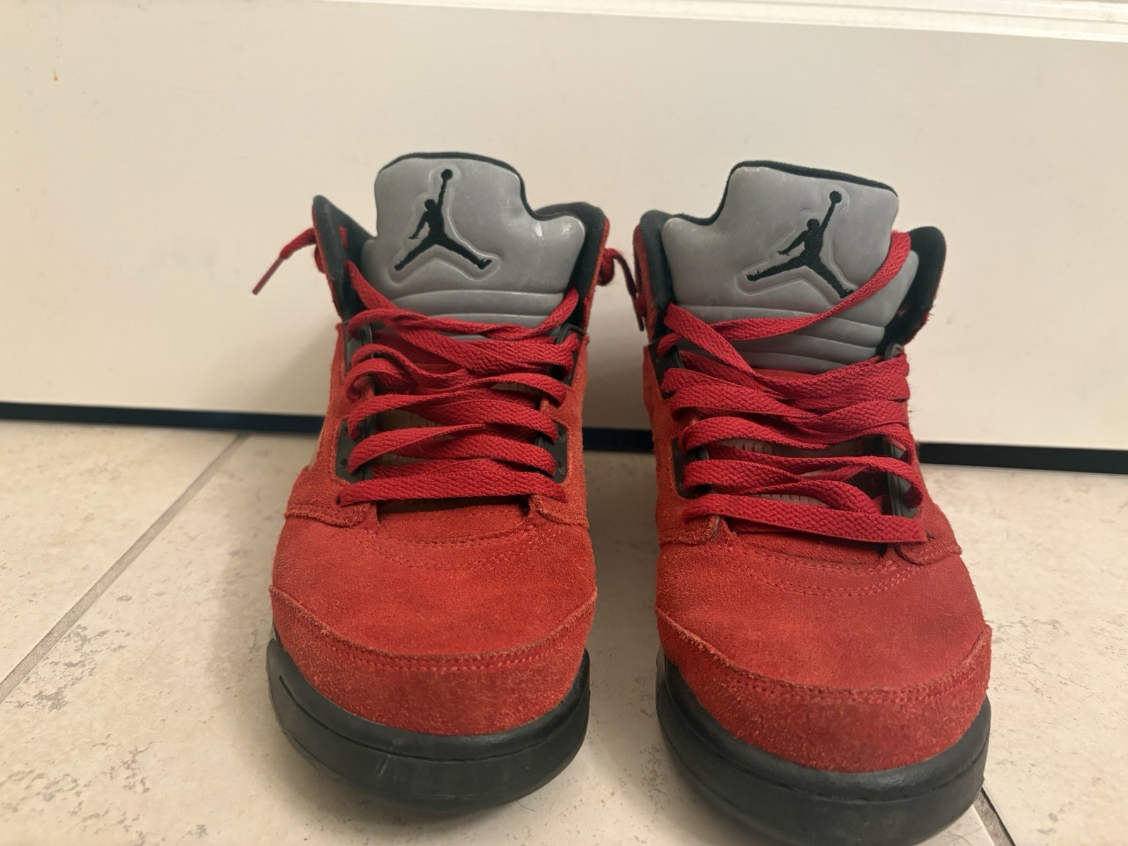 Jordan Air Jordan 5 Red/Black/Gray Suede Mid Top Basketball Sneakers Lace Up