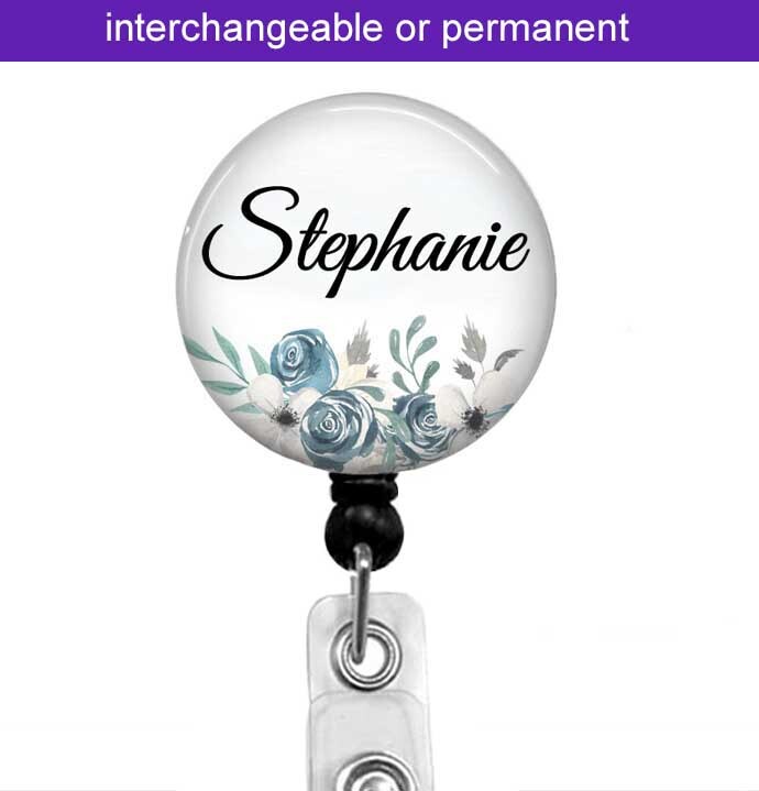 Blue and White Floral Badge Reel, Badge Clip Swappable Badge Topper – T33