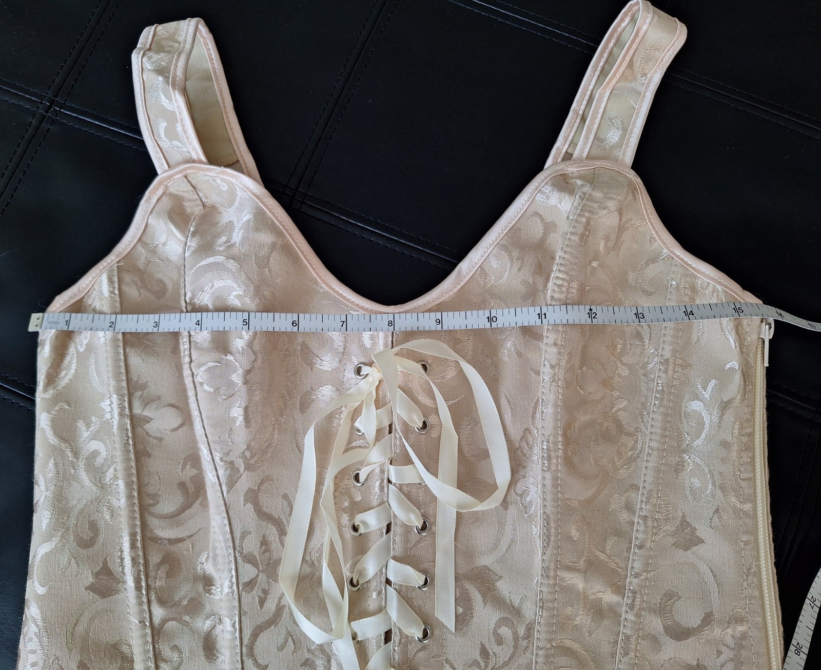 NEW Beige Satin Jacquard Strap Bustier Ribbon Lace up & Zipper Closure Corset L