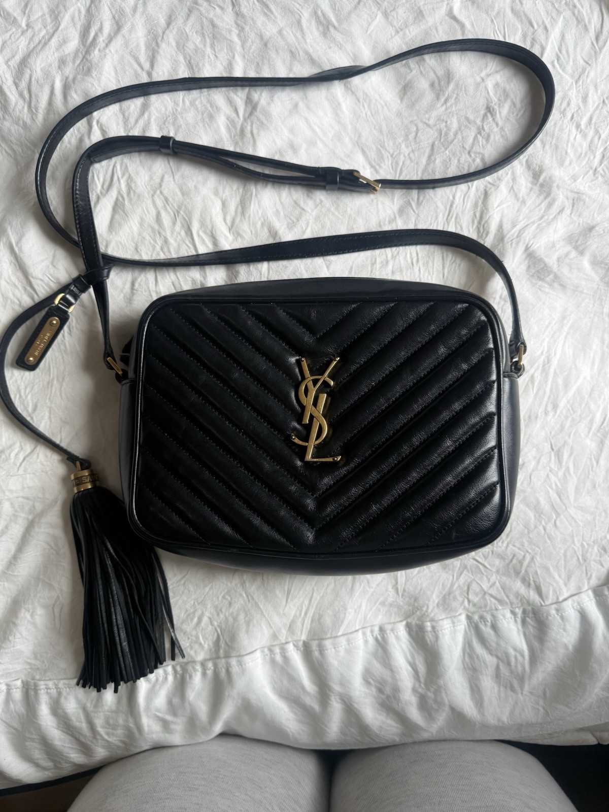 Saint Laurent Black Quilted Chevron Crossbody Tassel Gold Hardware Zip