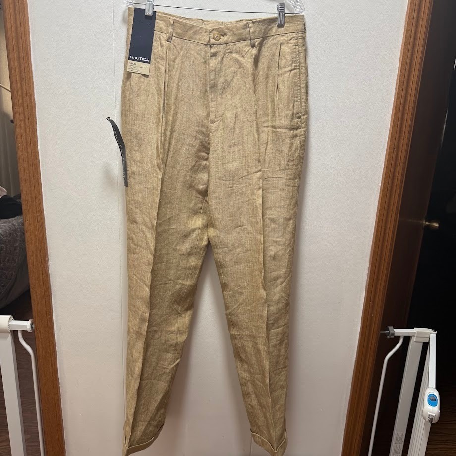 Nautica Rigger Mens 34×34 Linen Pants Tan Double Pleated Classic Fit NEW W TAGS