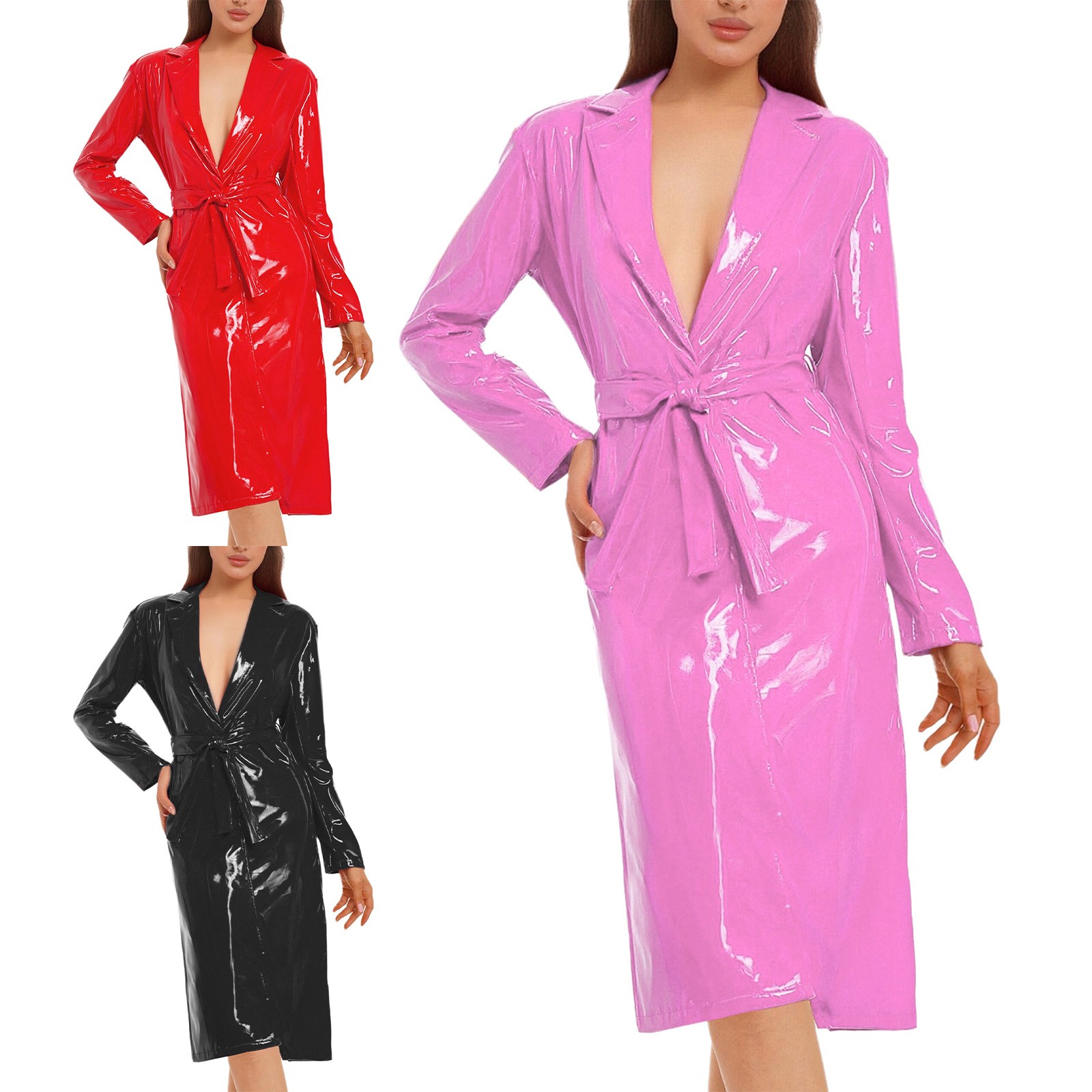 Women Wet Look Shiny Overcoat Costume Long Trench With Belt Coats Carnival Top