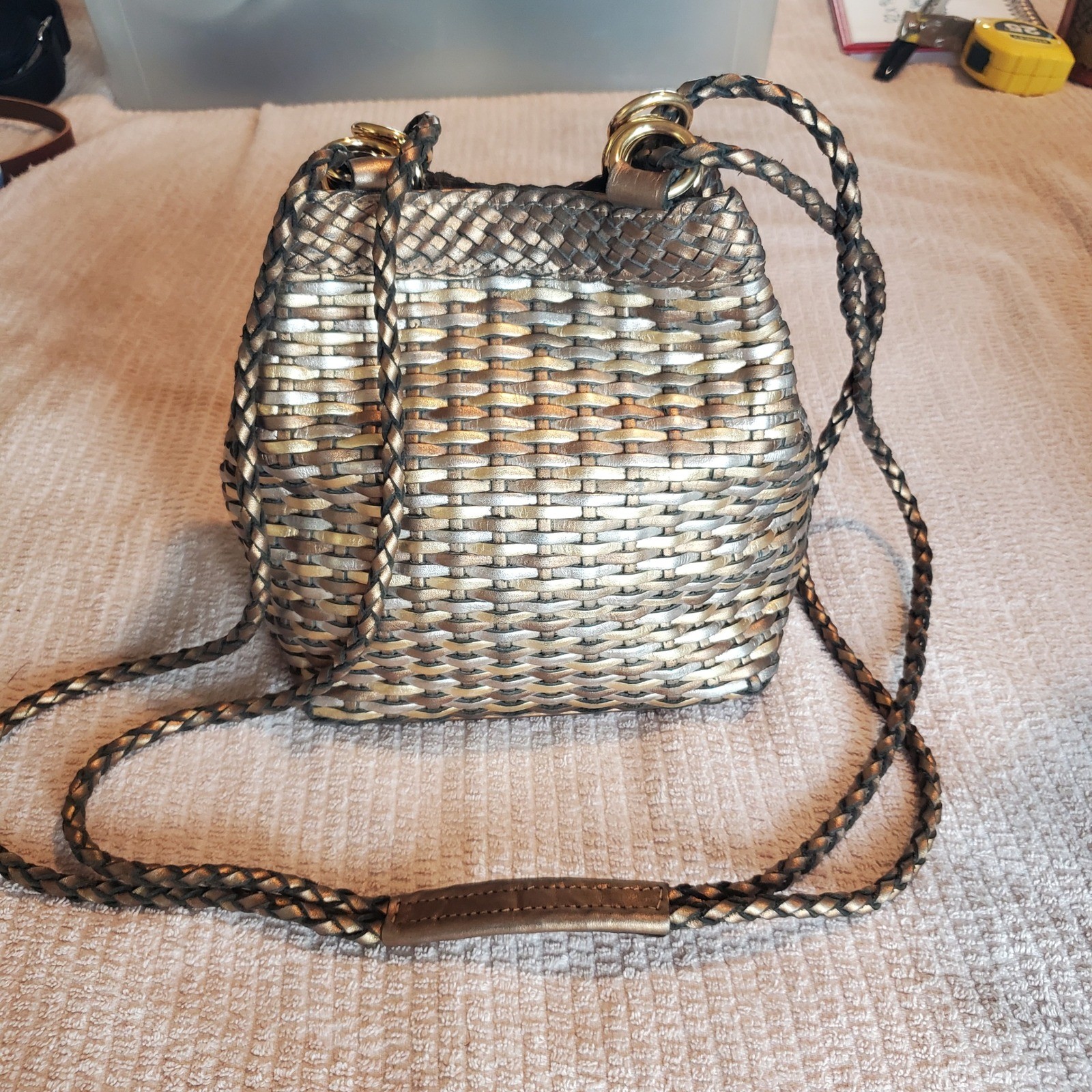 L.J.S Collection Woven Metallic Leather Bucket Bag Gold Silver Bronze Crossbody