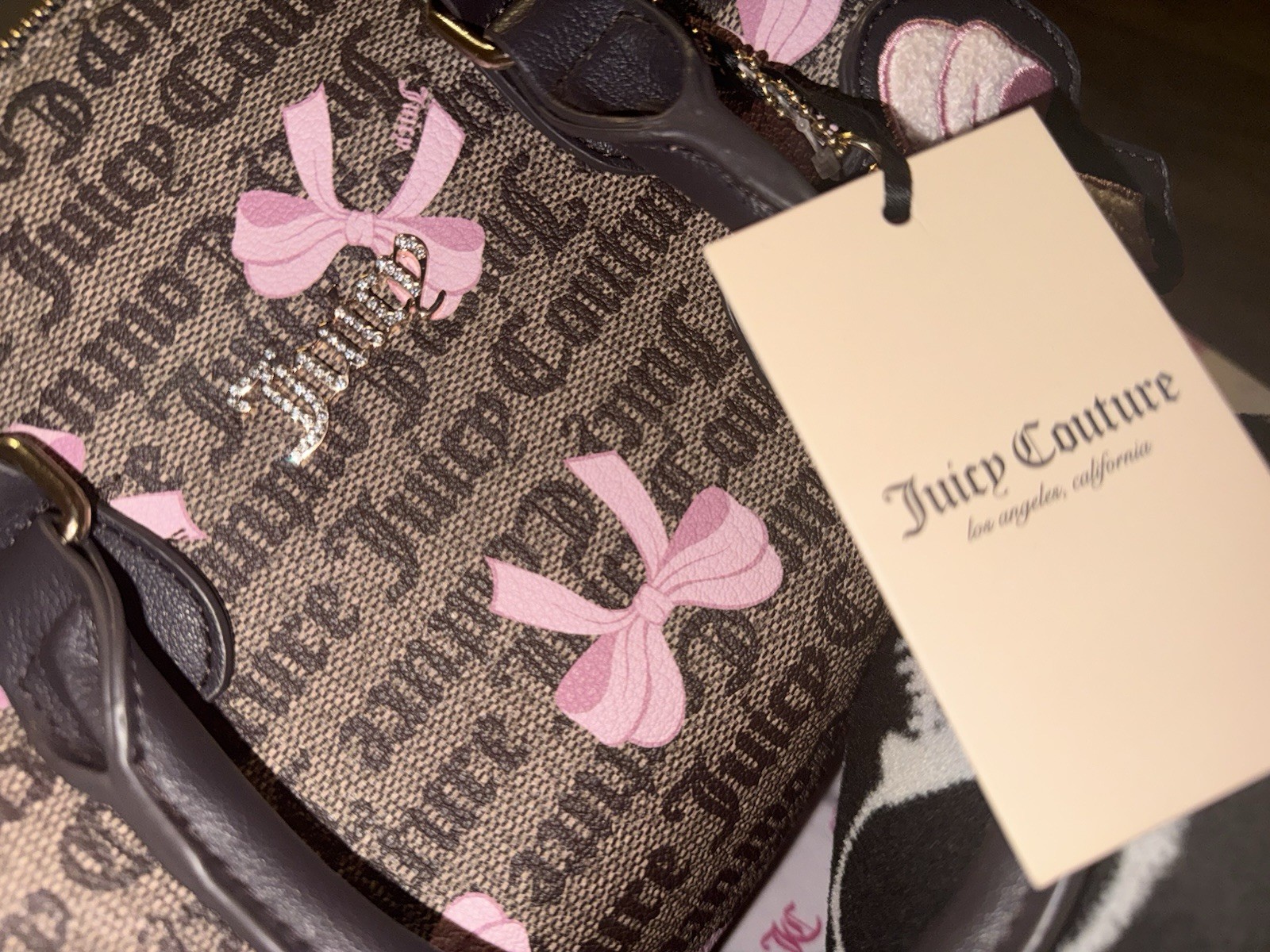 Juicy Couture Brown & Pink Logo Bow Satchel Top Handle Zip w/ Detachable Strap
