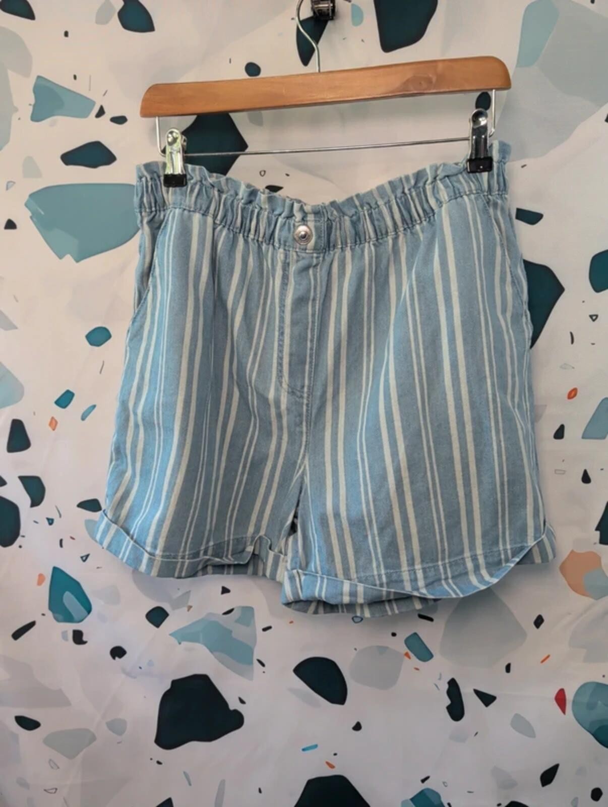 Papaya Matalan Blue Stripe Paperbag Waist Denim Shorts Turn Up Hem Size 14
