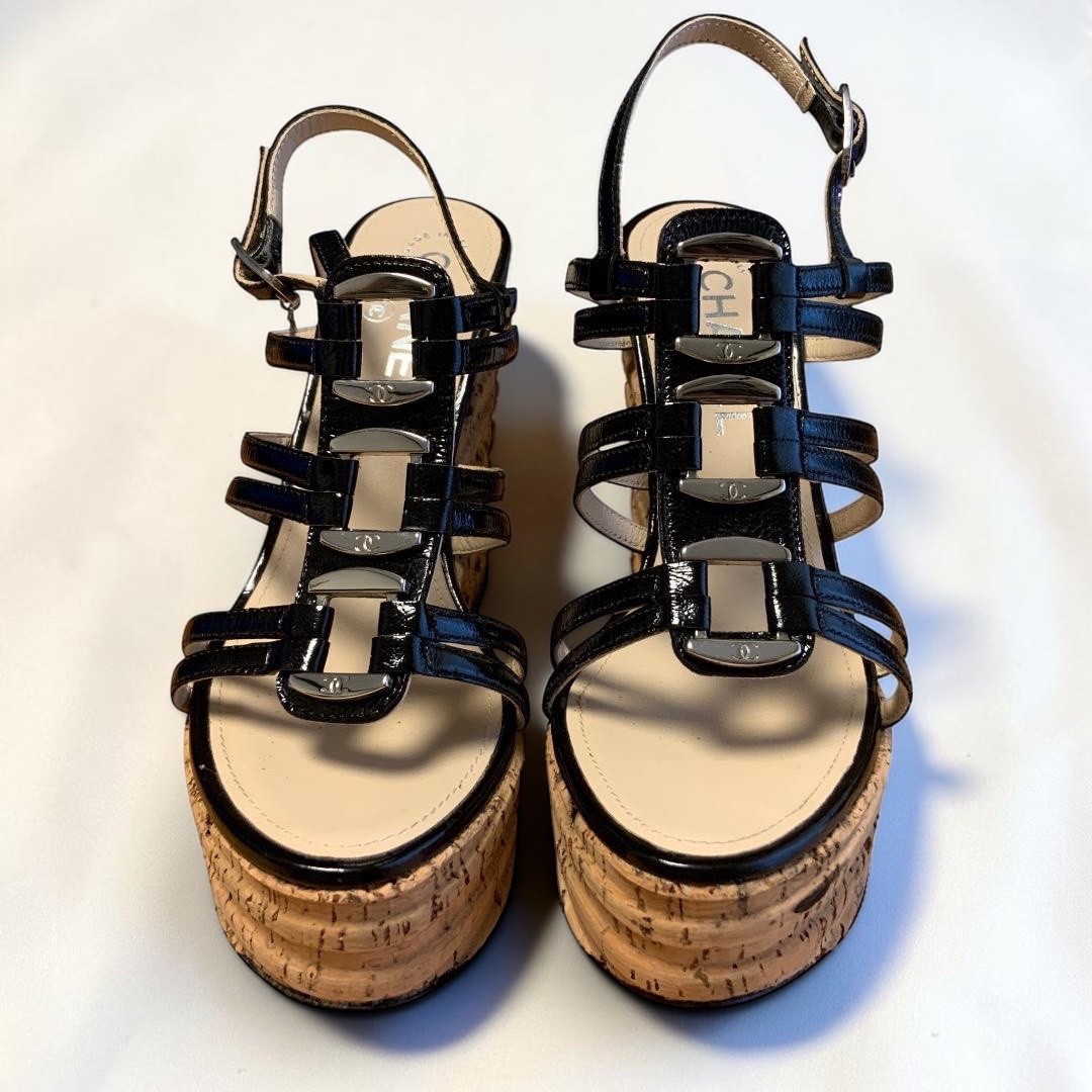 CHANEL CC Logo Coco Mark Patent Leather Strappy Cork Wedge Sandals US 5