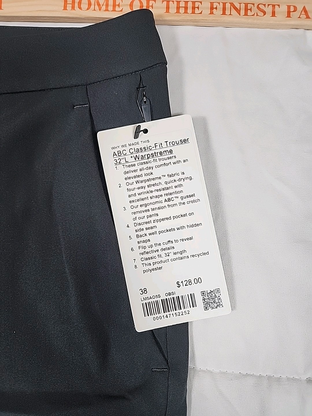 38×32 Lululemon ABC Trouser Classic Fit Warpstreme Men’s Pants Color Obsidian