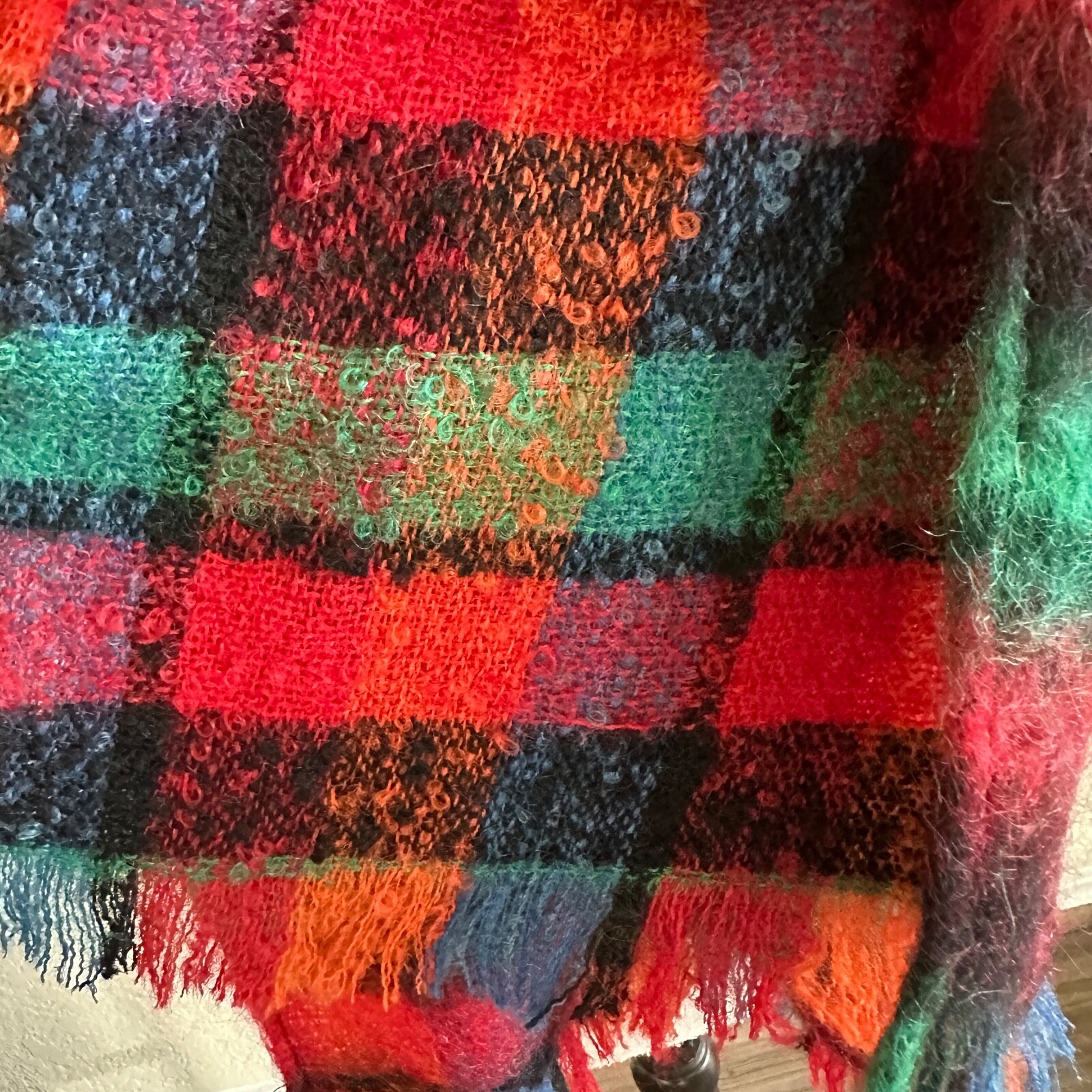 DOLORES Unique Design Mohair Wool Fringe Scarf Plaid Camp Wood Texas