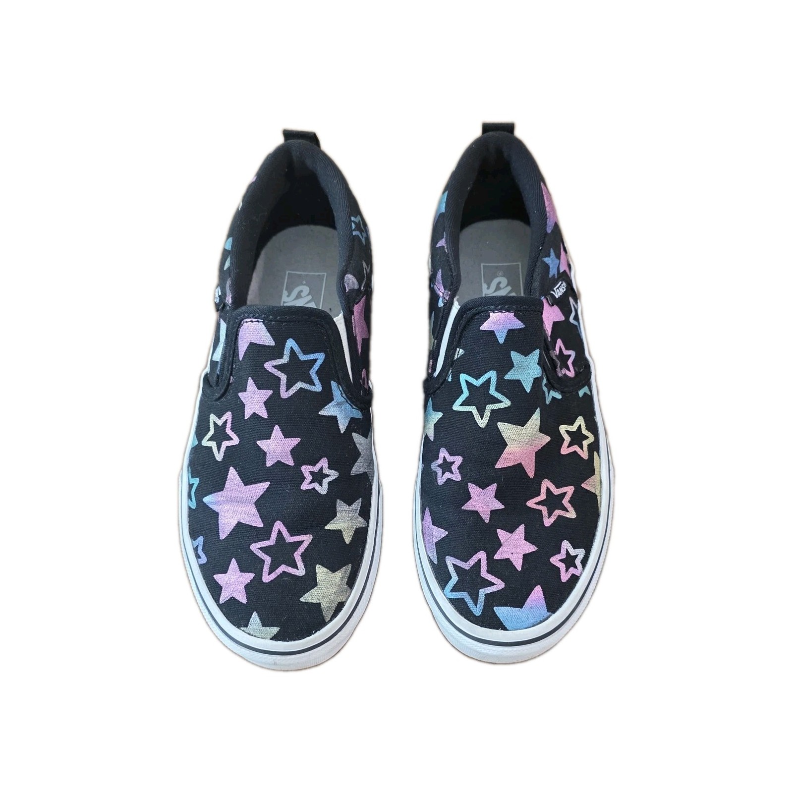 Vans Asher Metallic Foil Stars Black Canvas Slip On Skate Shoes Unisex Kids 2.5