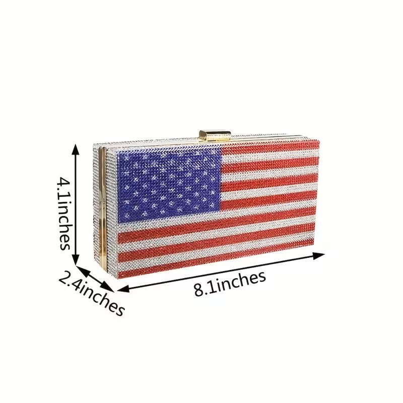 American Flag Rhinestone Evening Clutch Purse Crossbody Patriotic USA Handbag