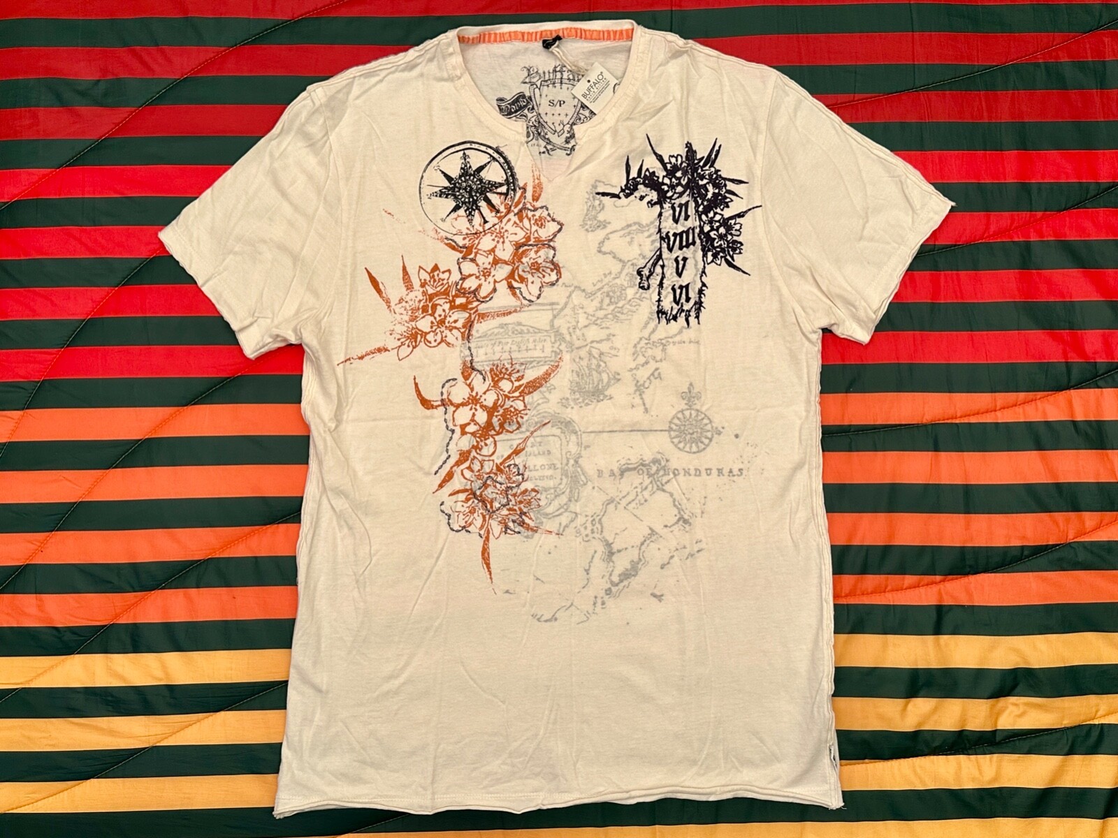 NWT Buffalo Floral Compass Henley V-Neck Shirt Mens S Distressed Map THIN & SOFT