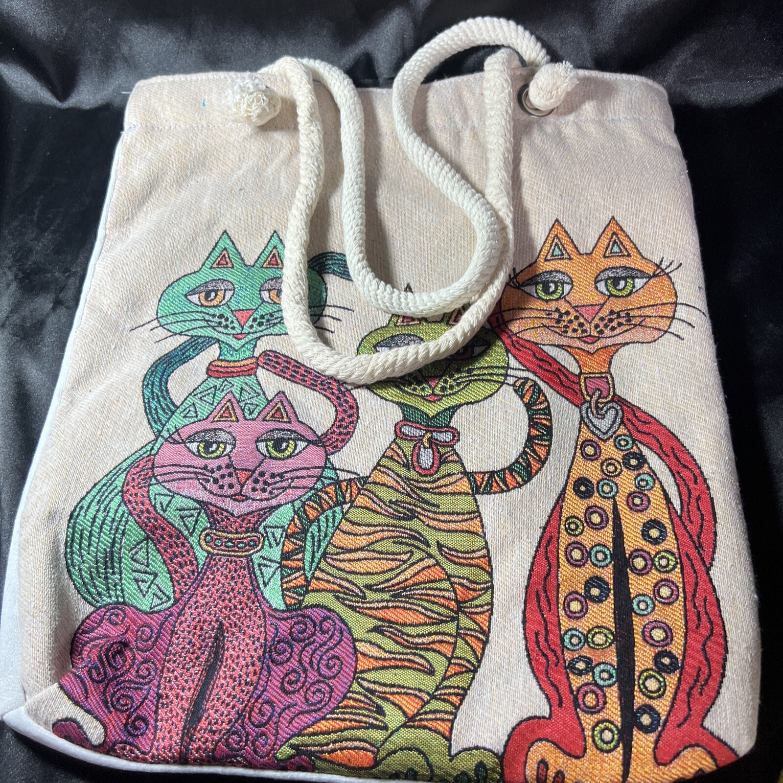 Boho Cat Tapestry Fabric Tote Bag for Women Anatolian Pattern Shoulder Bag