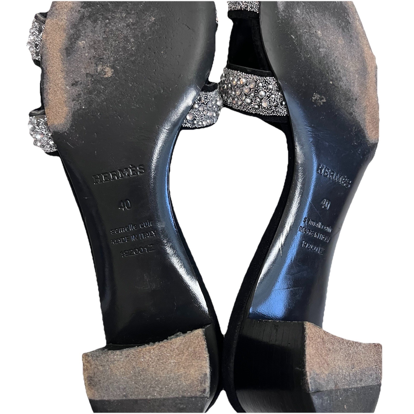 Hermès Oran Crystal Heeled Mule Sandals Black Leather 40 Silver Glitter Heels
