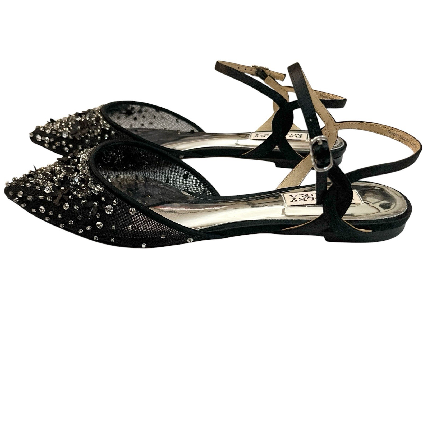 Badgley Mischka Carissa Beaded Flat Sandals 8 Pointy Ankle Strap Mesh 3D Flowers