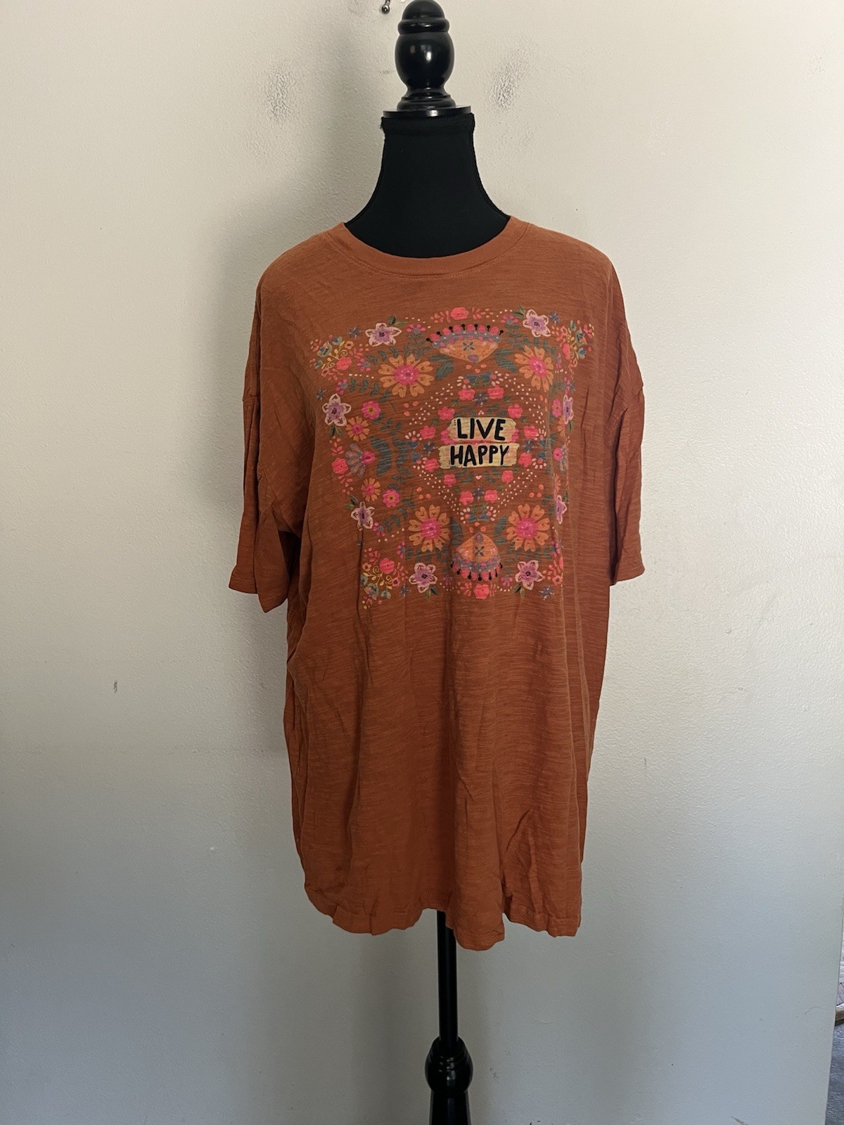 J4 Natural Life Short Sleeve Graphic Tee Floral Live Happy Orange Size XL