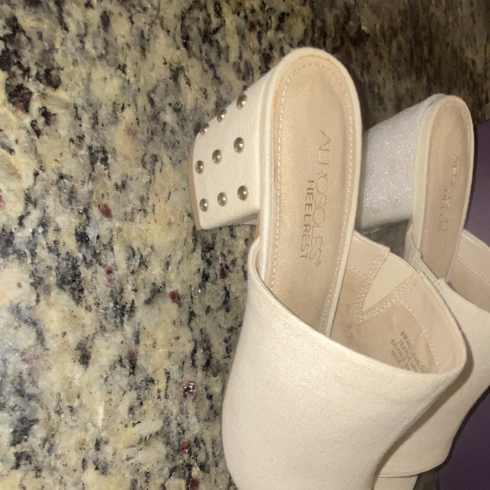 Aerosoles Beige Linen Blend Studded Mule Heels Slip-On Open Toe 8 M