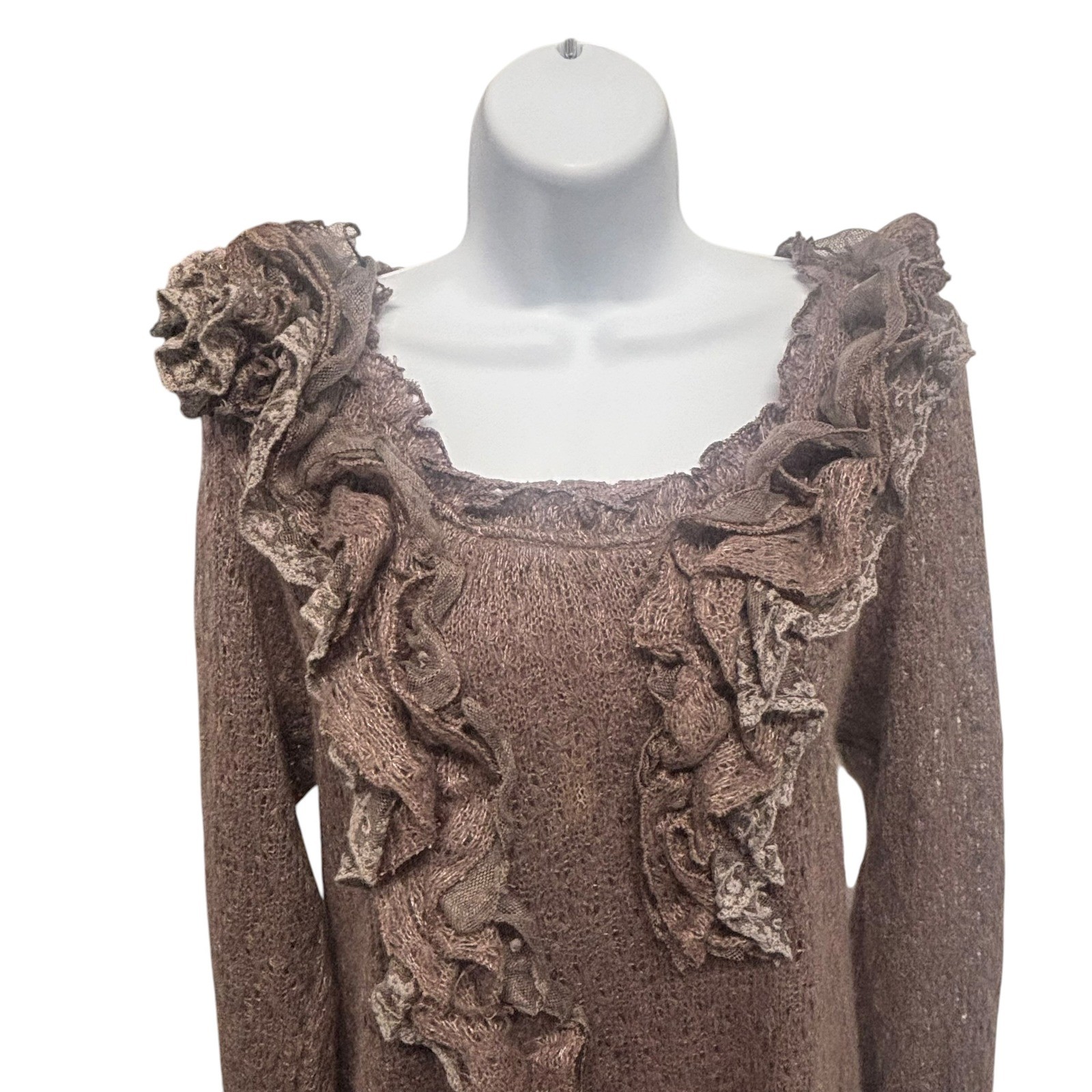 Pretty Angel Mauve Layered Ruffle Rosette Knit Tunic Dress XL Boho Lagenlook