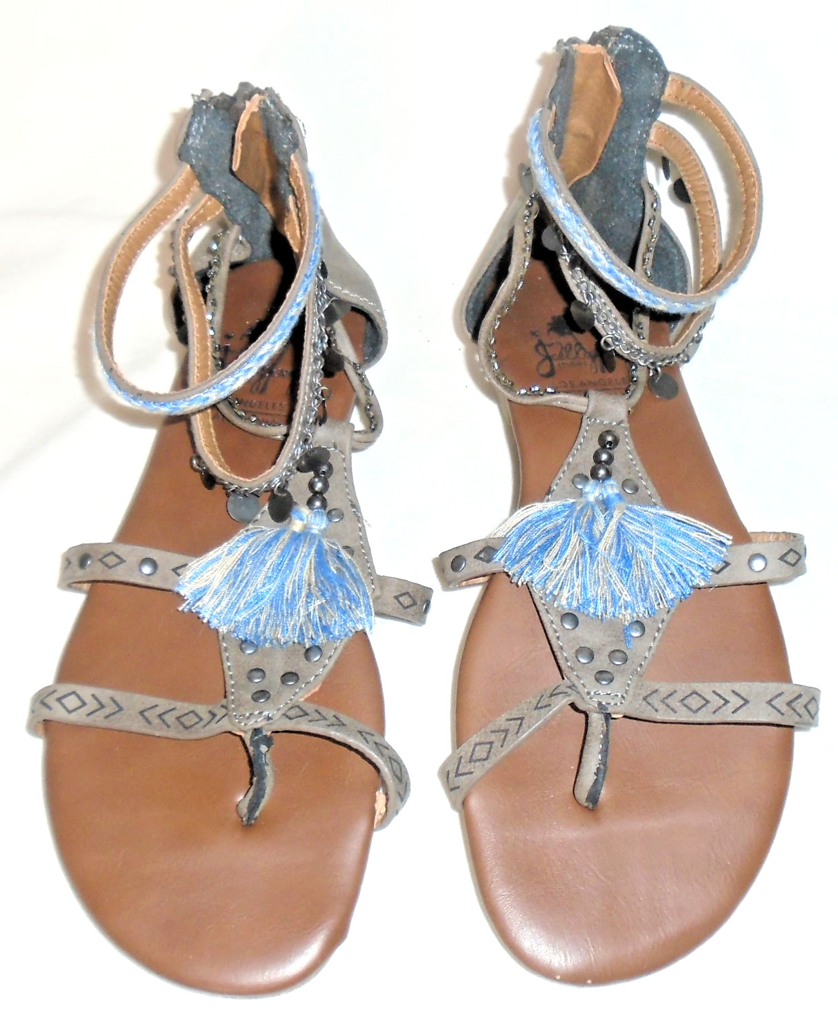 JellyPop Studded Gladiator Sandals, Strap/Chain/Tassels Accent, Boho, Sz 7 M