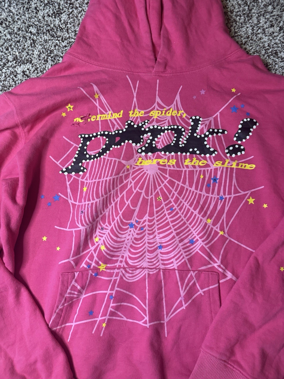 SP5DER PUNK Pink Pullover Hoodie Fleece Cotton/Poly Spiderweb Graphic Pockets