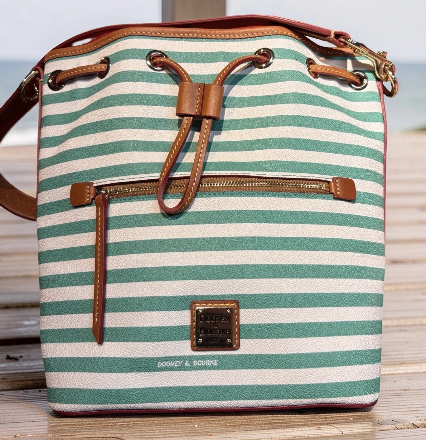 Dooney Bourke Sullivan Stripes Seafoam Spearmint Green Drawstring Bucket Bag