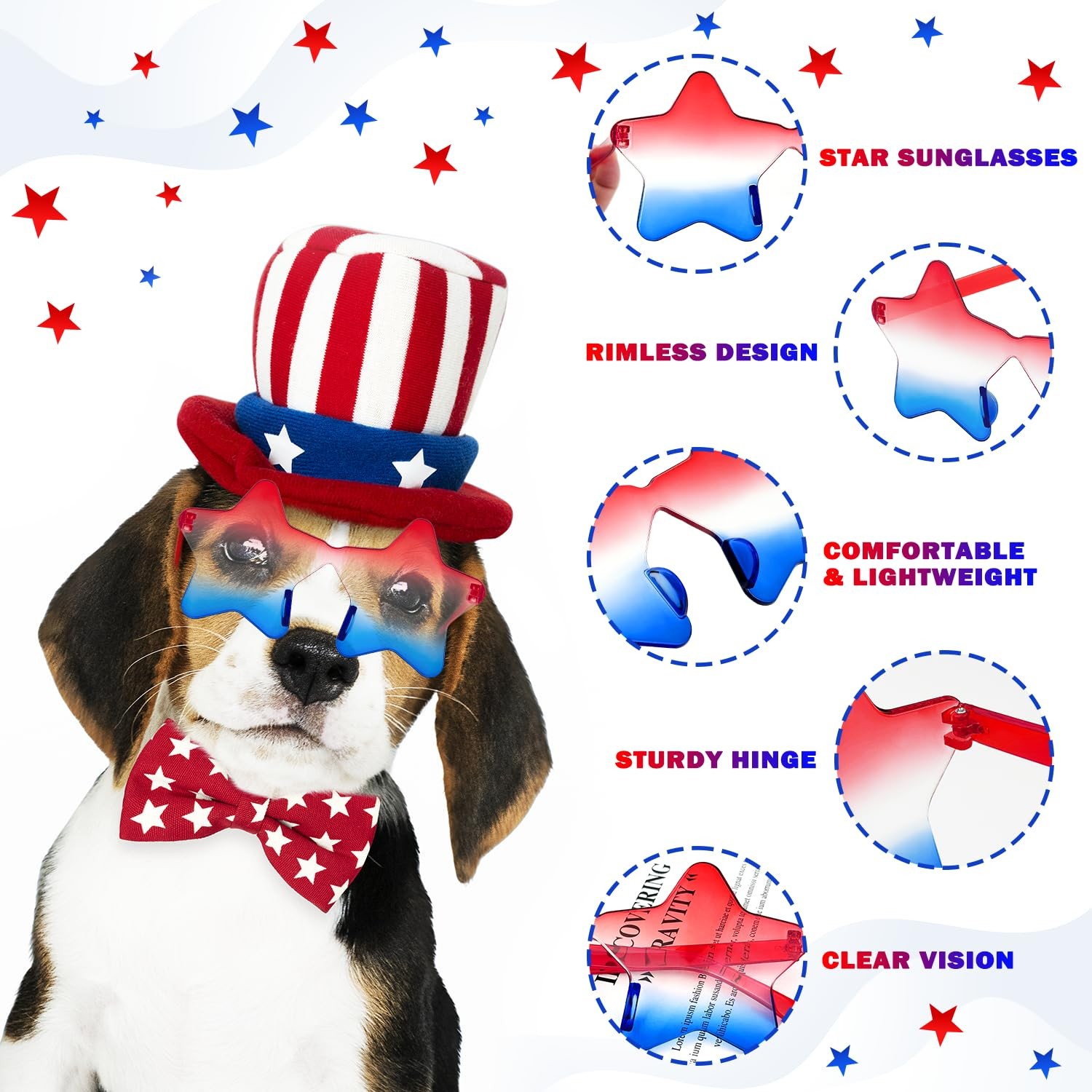 4th of July Red White Blue Star Rimless Sunglasses 3 PCS for Women Men