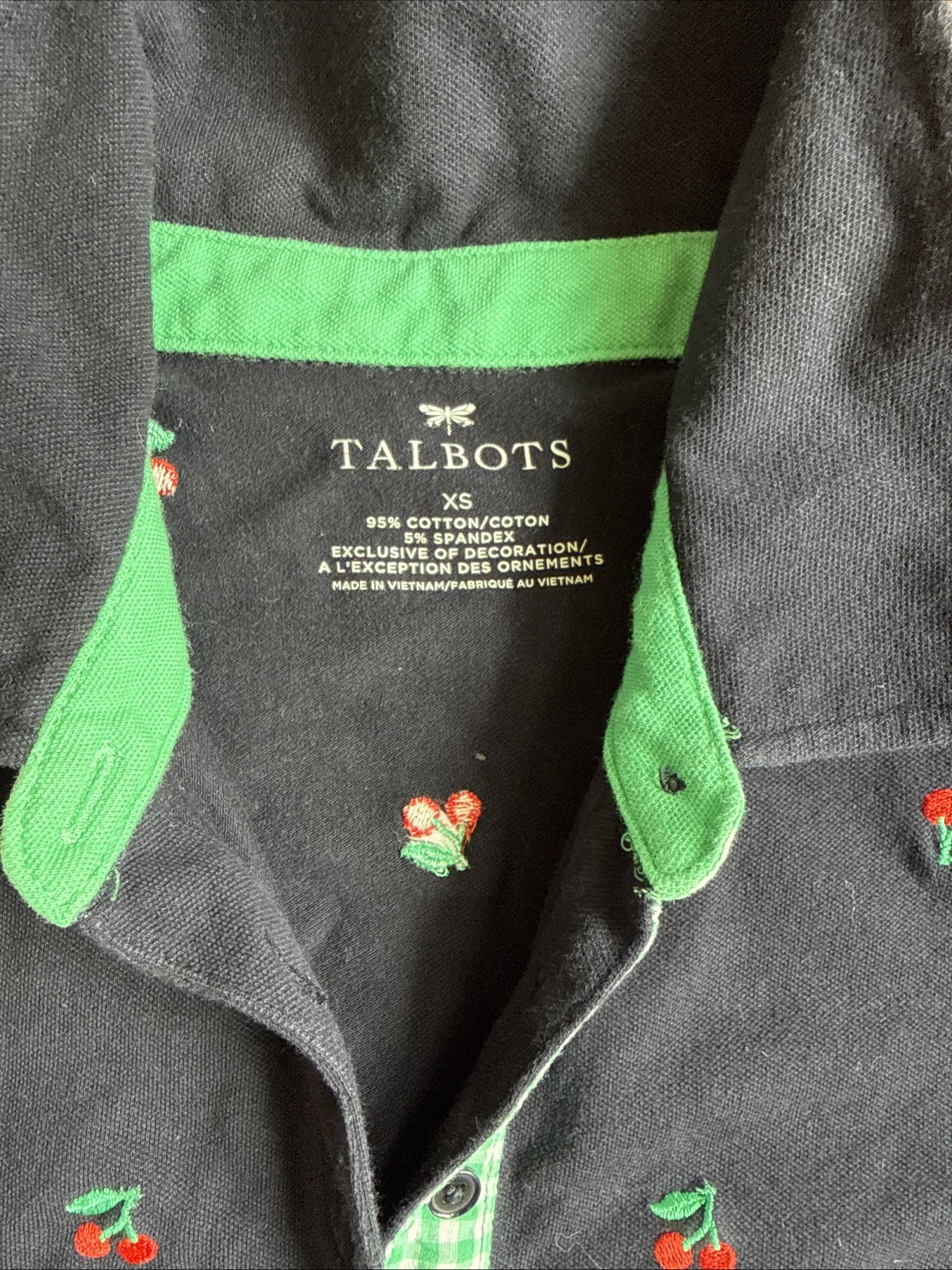 Talbots Navy Polo W/embroidered Cherries, Green Gingham Collar Accent, XS