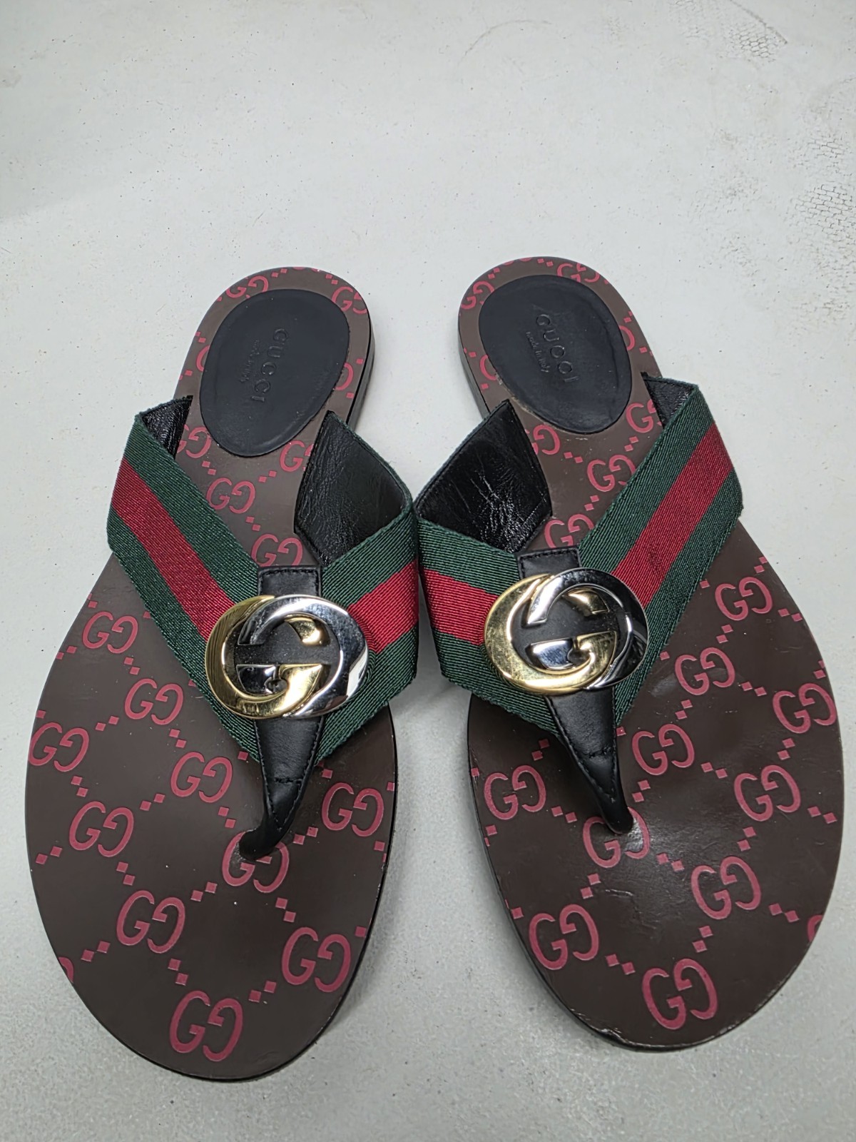 Gucci Web GG Monogram Thong Sandals, Women’s Size36, Brown Green Red, ITALY