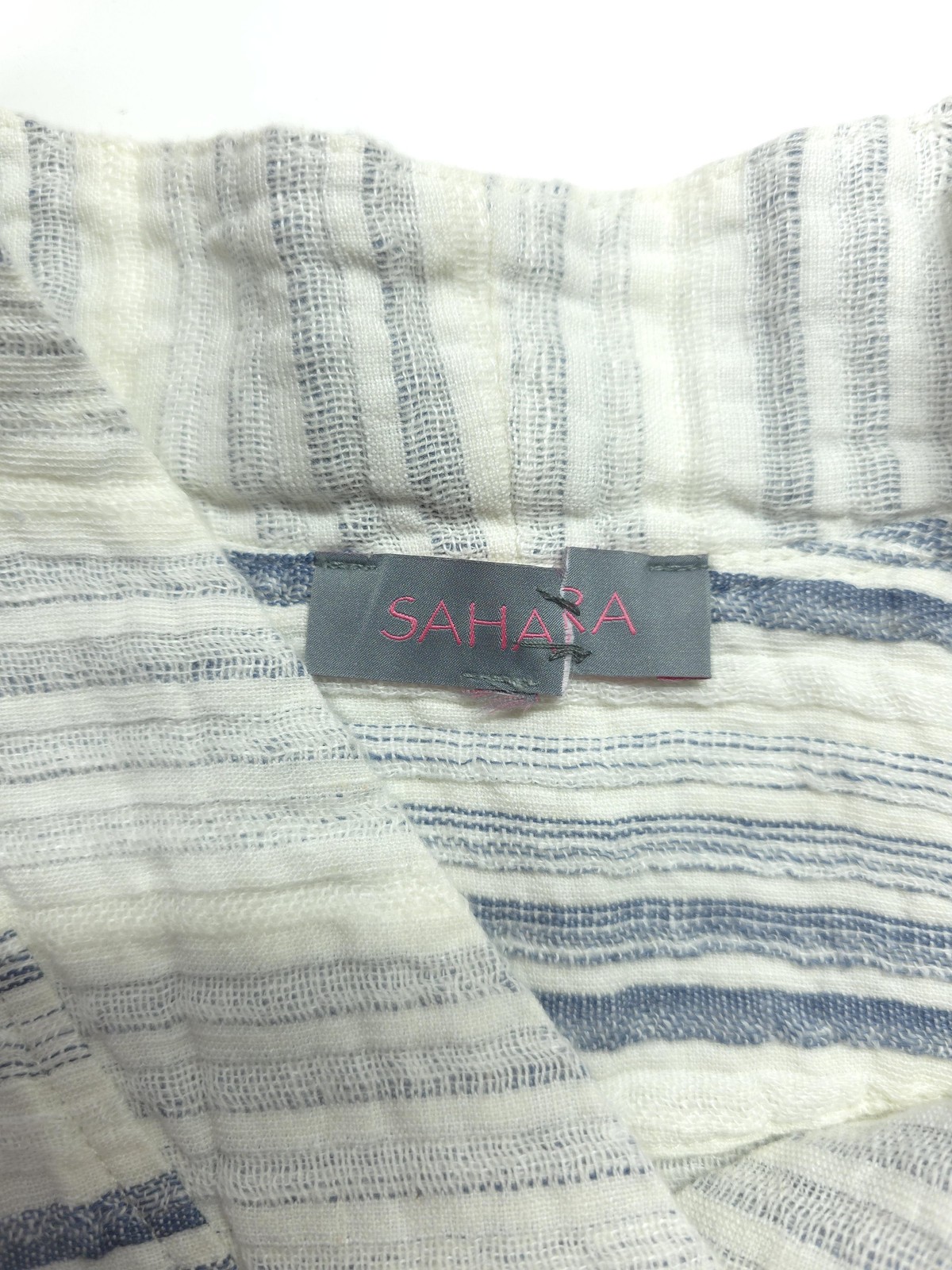 Sahara Jacket Large White Blue Stripe Linen Cotton Collared Lightweight Unlined
