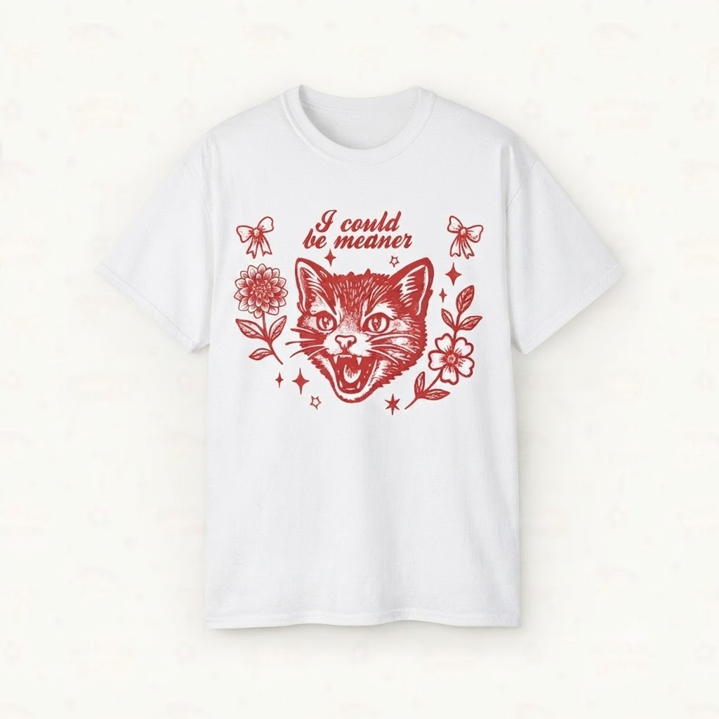 Cute Floral Cat I Could Be Meaner White Tee, Sarcastic Animal Lover Gift