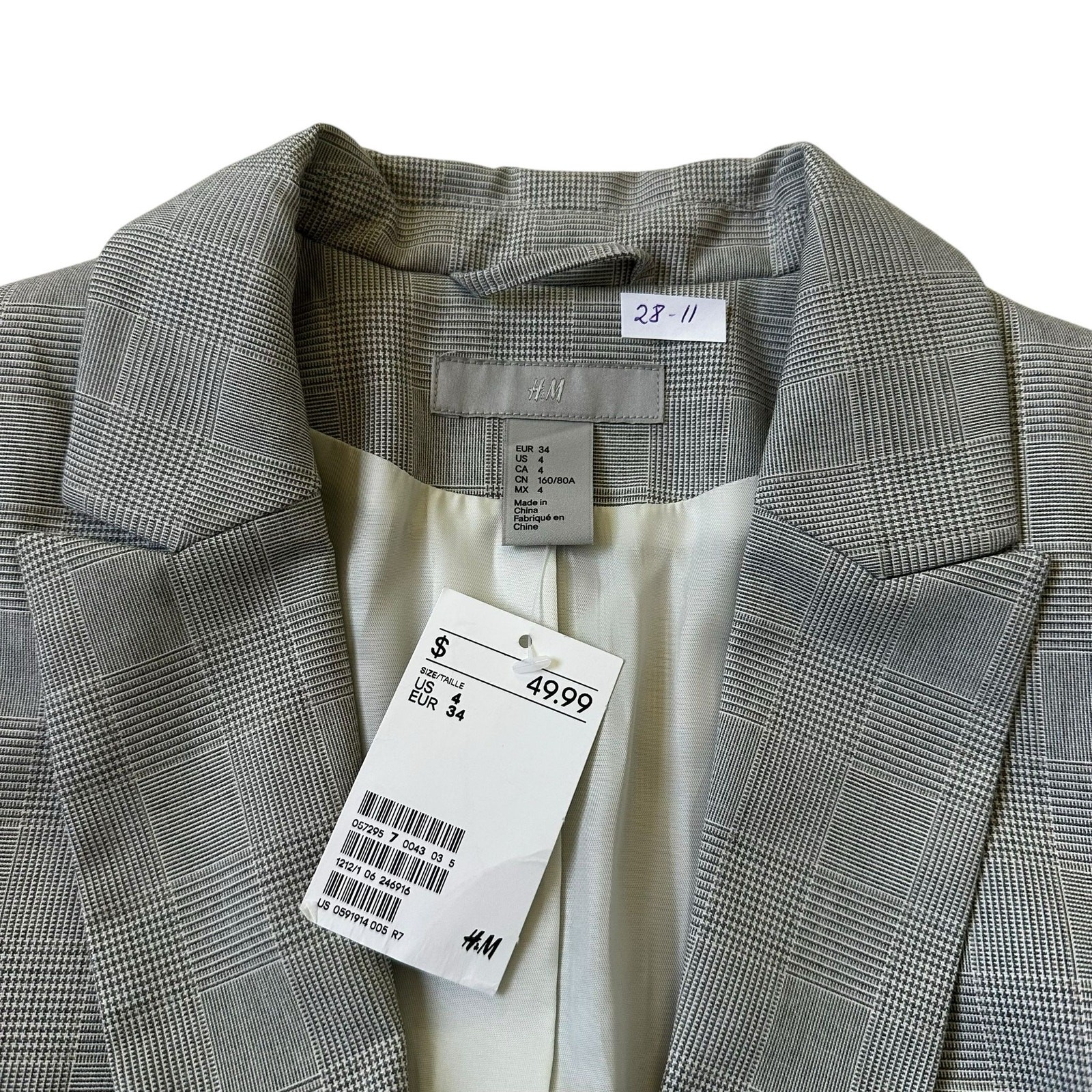 H&M Gray Plaid Lined Collared Blazer w/ Pockets Women Size 4 NWT | 28-11