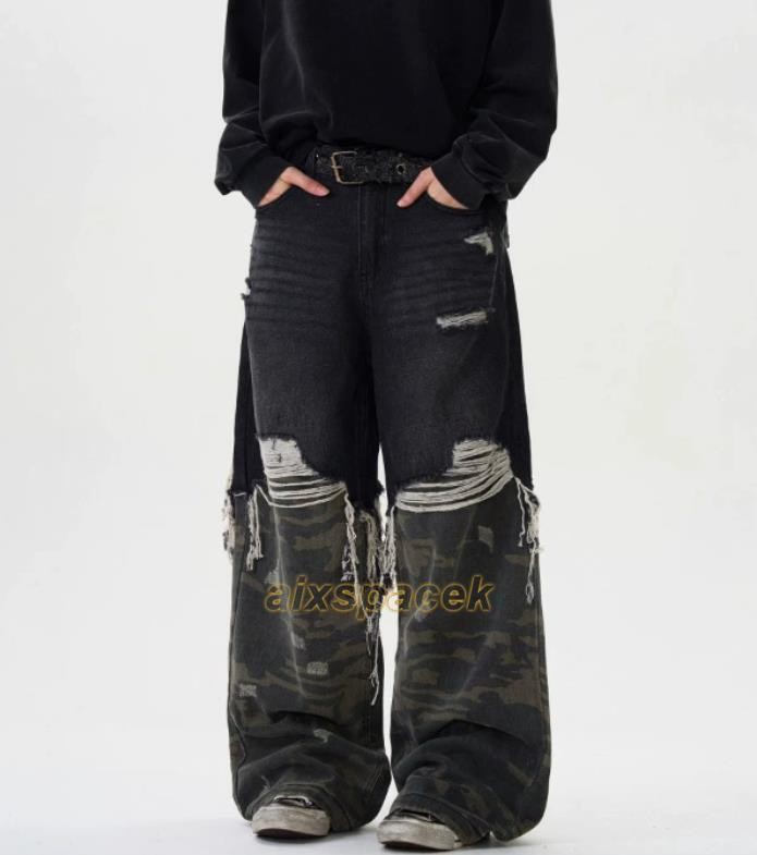Men Black Camouflage Mixed Denim Jeans Straight Leg Casual Punk Hip Hop Trousers